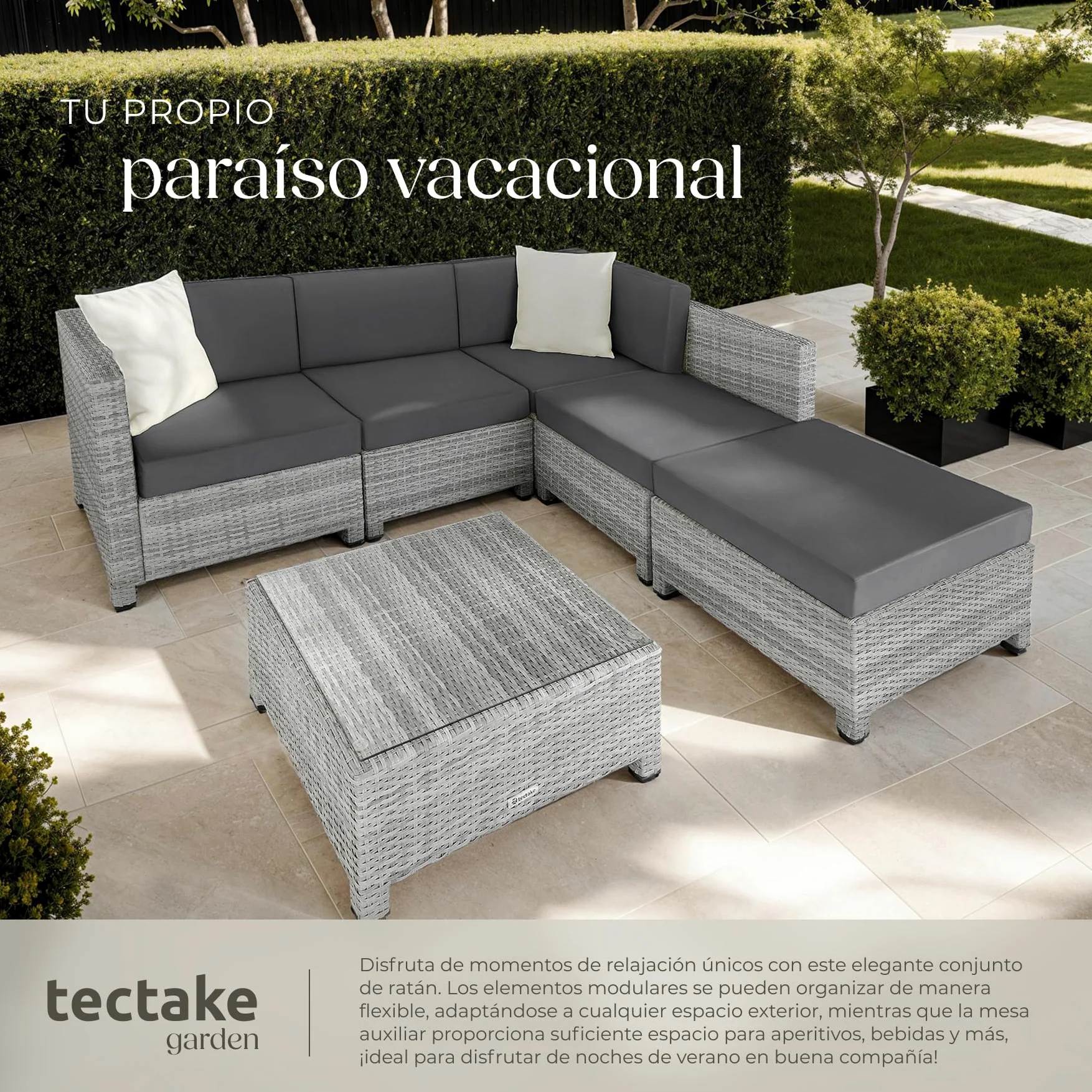 tectake® Conjunto Jardín de Ratán con Cojines y 2 Juegos de Fundas, Conjunto Terraza Resistente a la Intemperie, Muebles Jardín Exterior 4 Sillones, 1 Mesa, 1 Puf, con Tornillos en Acero - Gris Claro