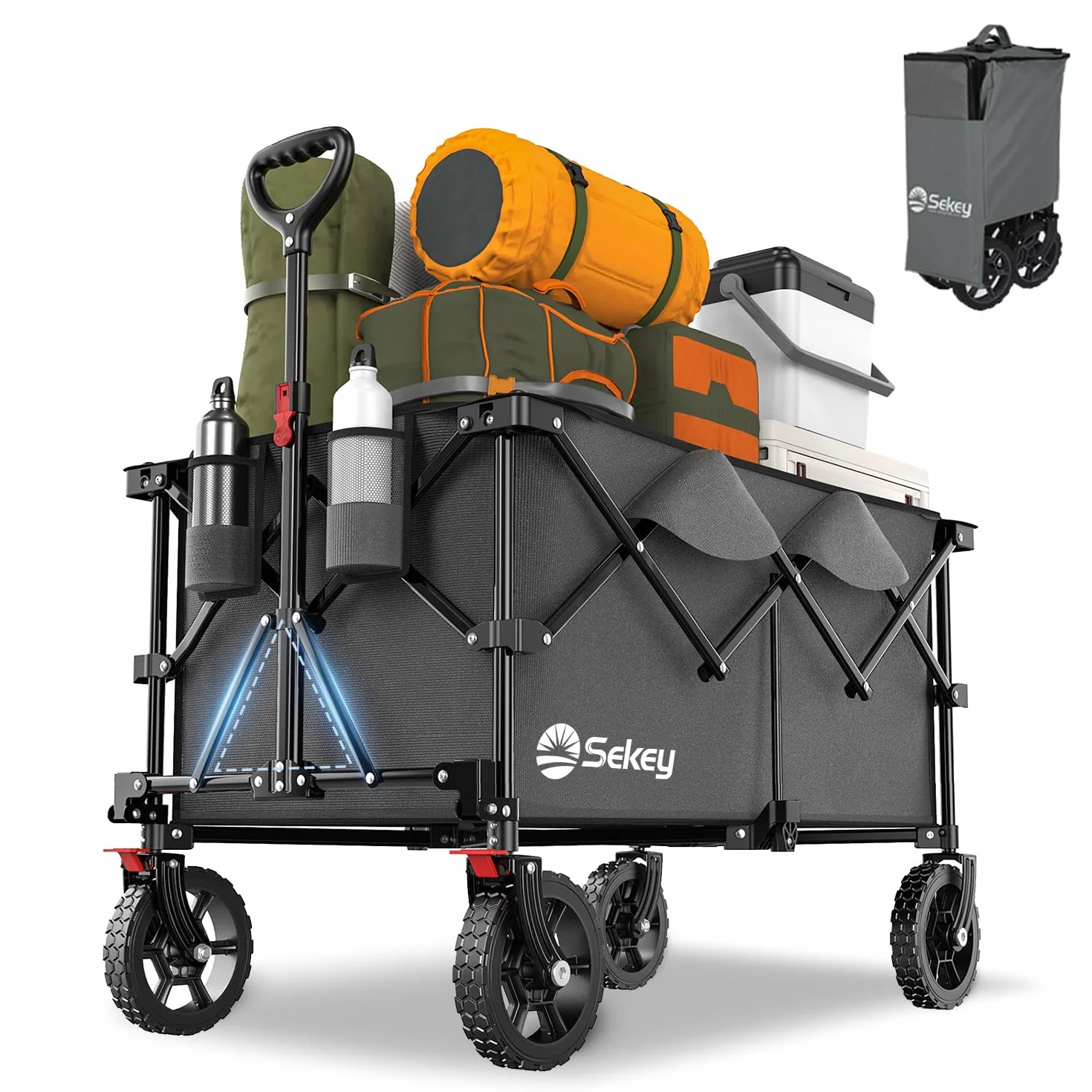 Sekey XXL Plus Carro Plegable con Rueda Frenos 200L 200KG, Carrito Transporte para Playa Camping Jardín, Patentado Plegable en Cuatro Direcciones SE4010, Antracita