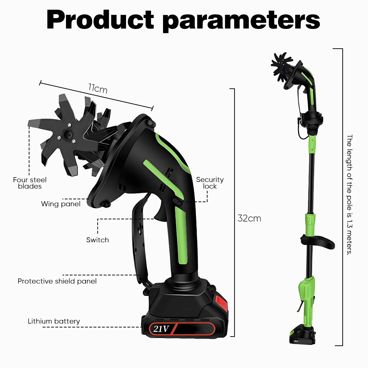 Motoazada Electrica, Mini Motoazada Portátil Varilla de extensión Desmontable de 1,3m,Ancho de Labranza 10cm, Profundidad de Labranza 10 cm Baterías 3000 mAh para Jardines y Huertos (2 Baterías)