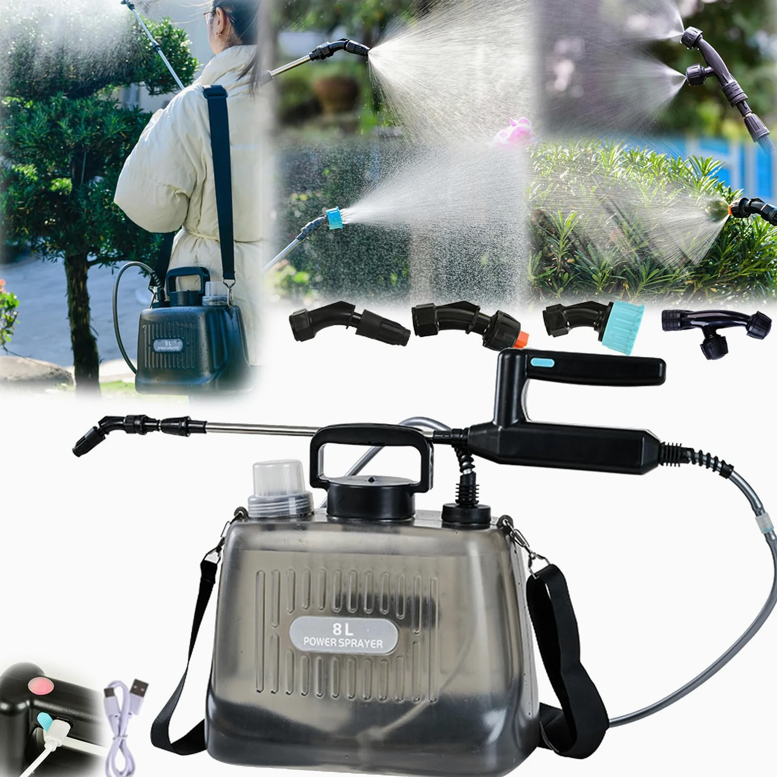 Pulverizador Presión, 8L Batería Pulverizador Jardín con Lanza 4 Boquillas Pulverización Ajustables Pulverizador Mochila con Batería 2400Mah Bomba Automática Lanza Telescópica Tanque Transparente