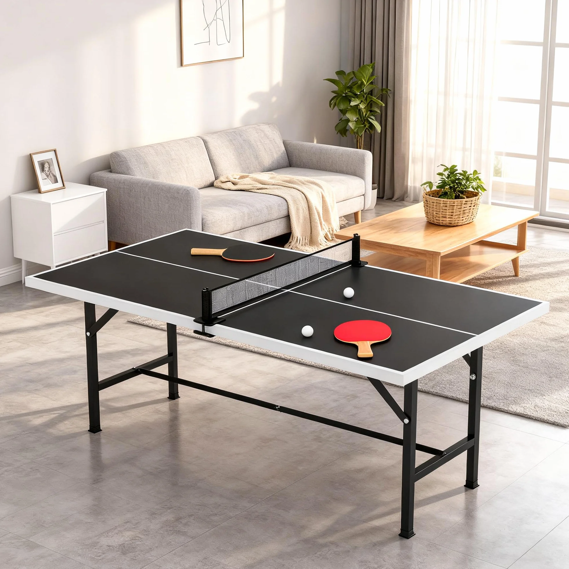 SPORTNOW Mini Mesa de Ping Pong Plegable 152x76x70 cm, Exterior con Red, 2 Raquetas y 3 Pelotas, Negro