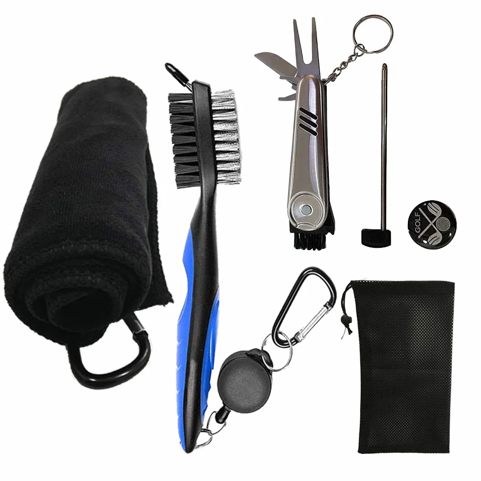 Accesorios de Golf Kit de Limpieza Cepillo Toalla Herramienta Reparación Plegable Marcador