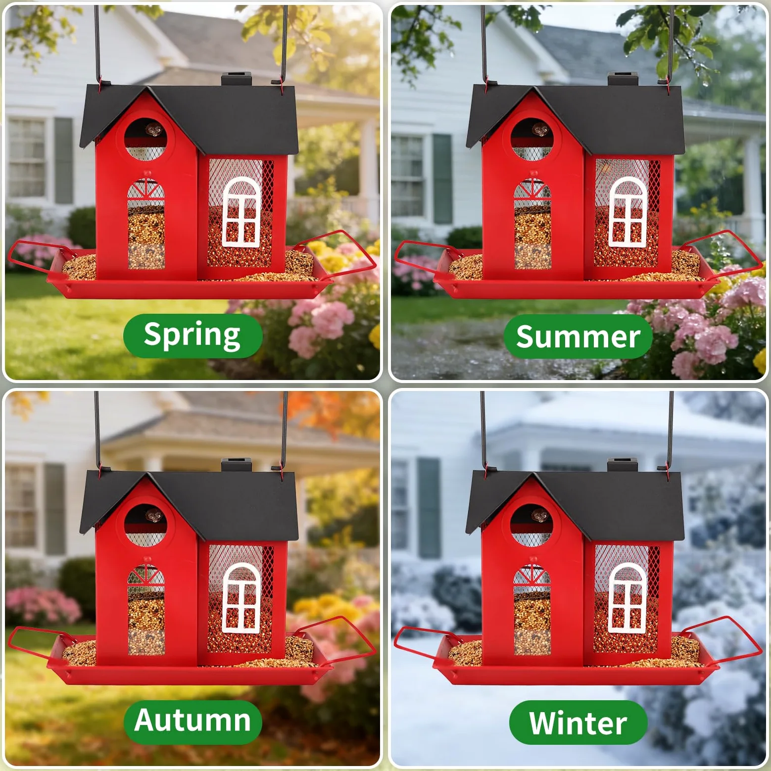 Comedero solar para pájaros para exteriores, comedero colgante de metal rojo con luz solar, comedero decorativo para cardenales, pinzones y pájaros silvestres, decoración de jardín y patio trasero