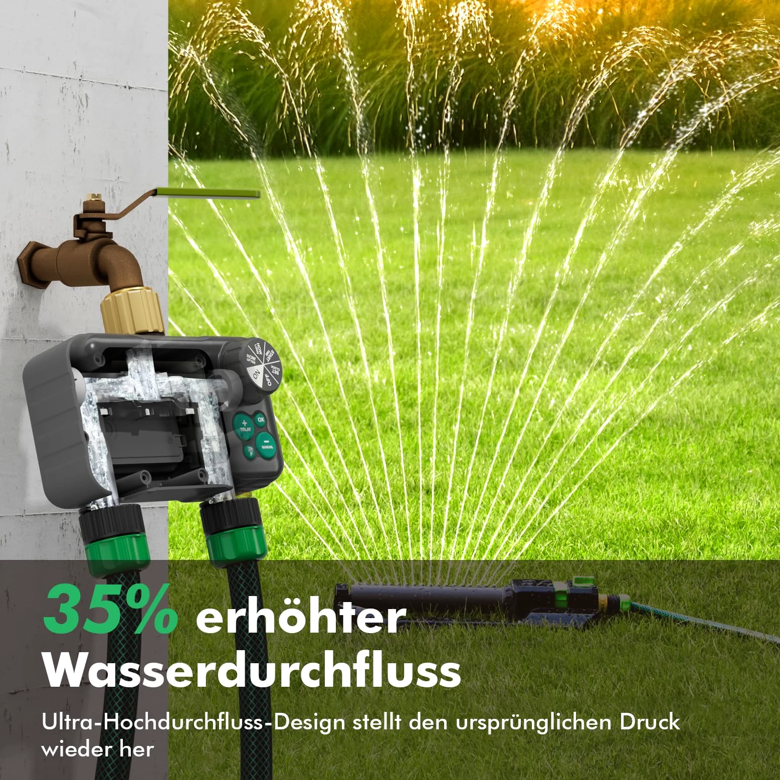 RESTMO Ordenador de riego RF de 2 zonas, temporizador de riego con mando a distancia | Automático/manual/retardo de lluvia, para manguera de jardín y grifo exterior, riego de césped