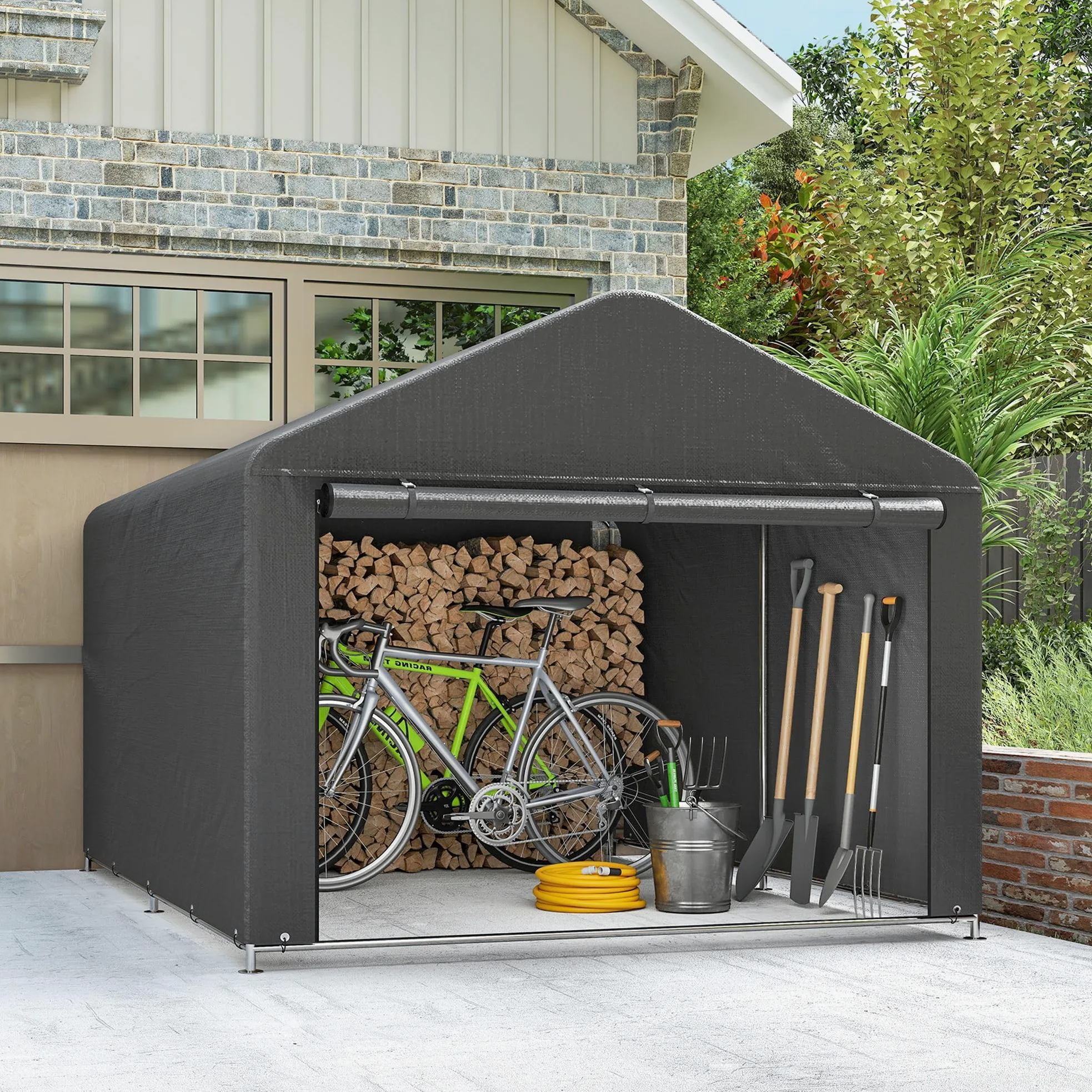 Outsunny 6.6x7.8ft Cobertizo jardín Impermeable Gris Oscuro | Tienda bici, puerta enrollable cremallera, marco metal galvanizado, cobertizo portátil para moto, herramientas