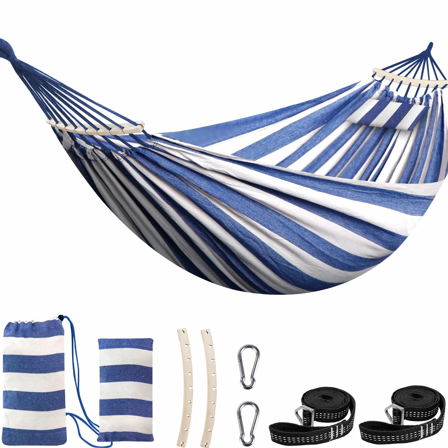 Chihee Hamaca de algodón Gran Hamaca de Camping Suave y Transpirable Soporta hasta 300KG Hamacas de árbol portátil con Barra separadora Desmontable Almohada 2 Webbings Fuerte 2 mosquetones