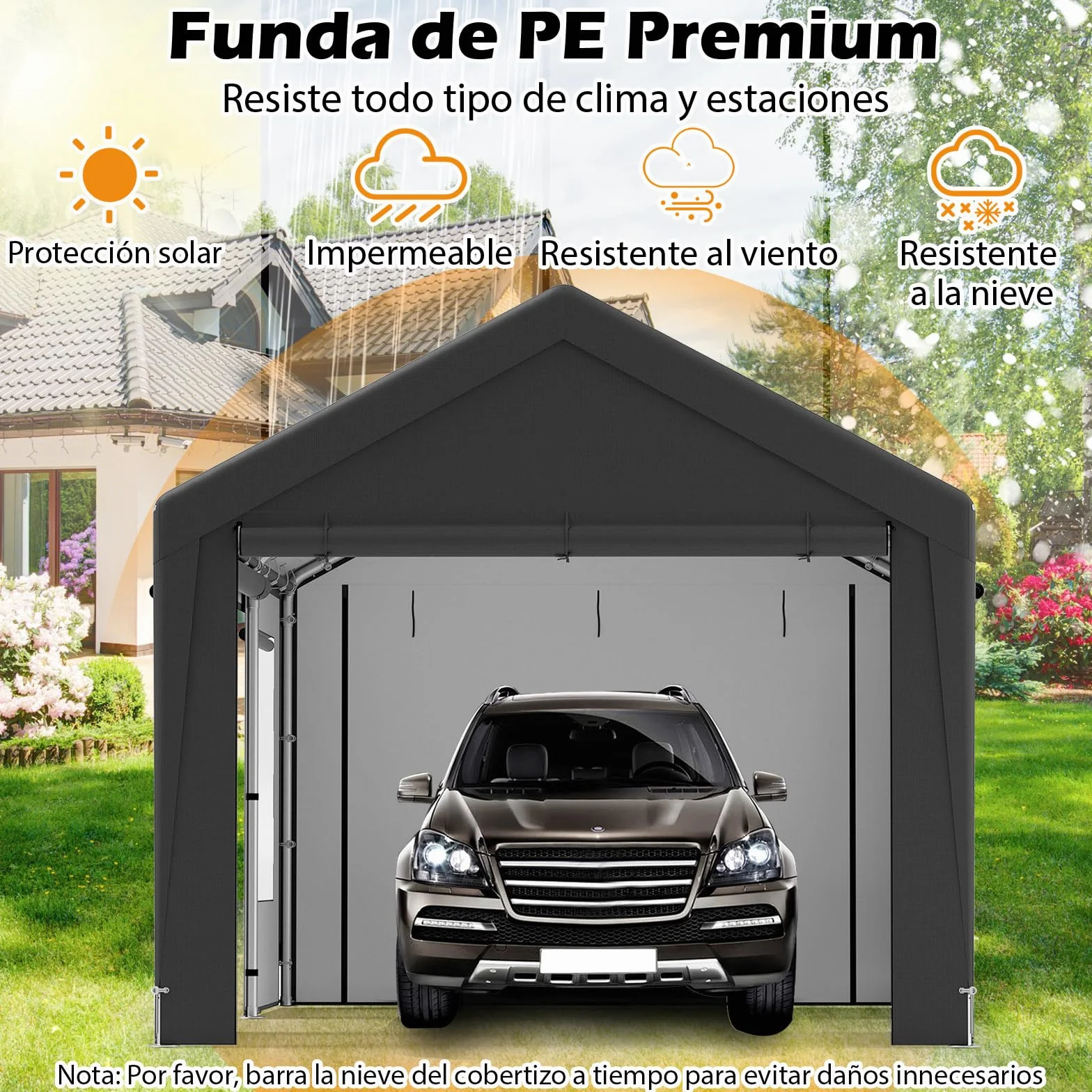 COSTWAY Garaje Exterior para Coche 5,95 X 3 m, 8 Paredes Laterales Desmontables, Puertas Enrollables, Ventanas Ventiladas, Carpa para Garaje para SUV Camión