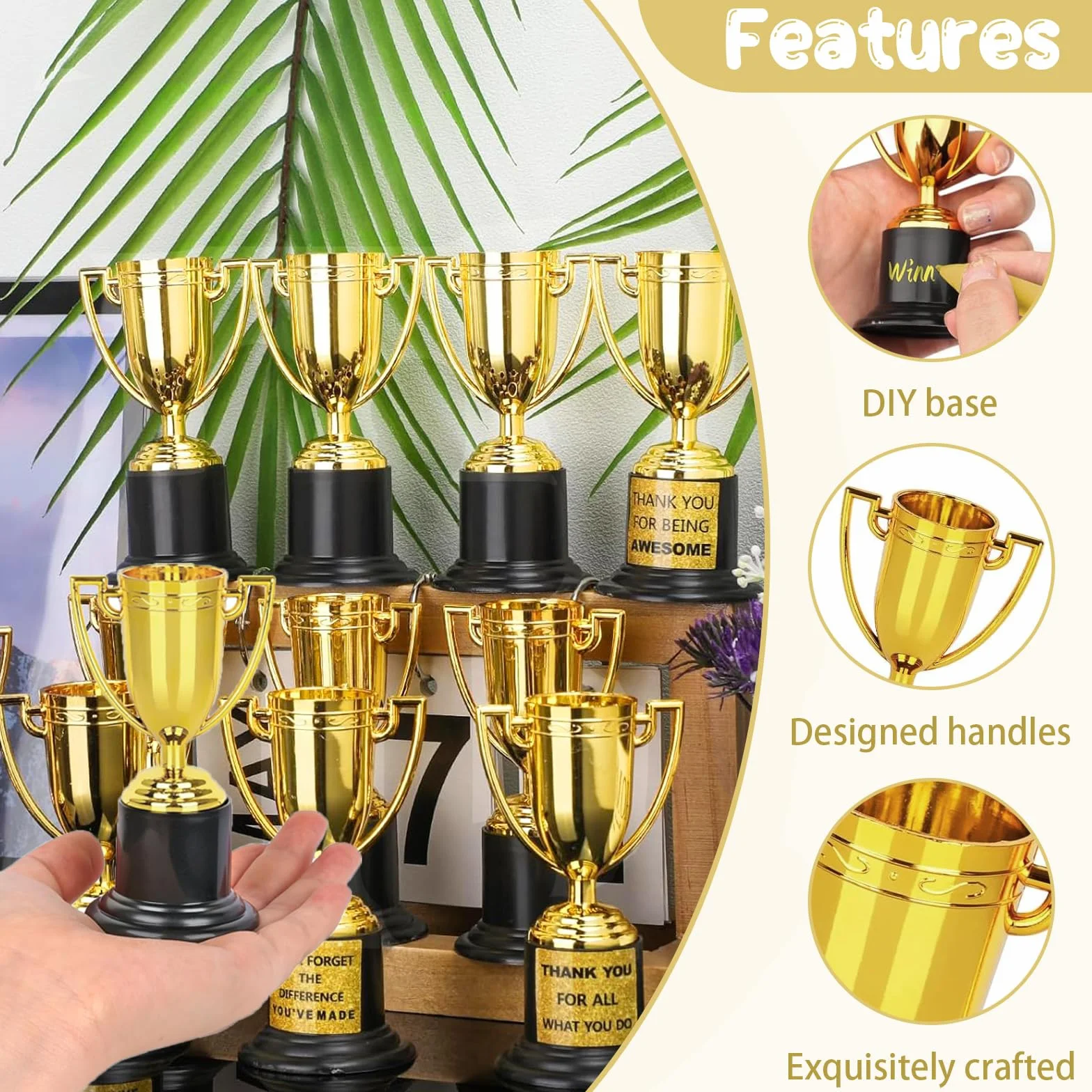 Mini Trofeo Dorado Premios de Plástico 9,5 x 6 cm Copa de Oro con Asa Clásico Mini Trofeos para Regalos Souvenirs
