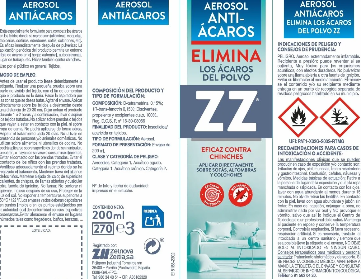 Zelnova Zeltia Aerosol Antiácaros | Spray con Eficacia Inmediata para Colchones y Tejidos | Protección Completa Contra Ácaros y Chinches | 200 ml