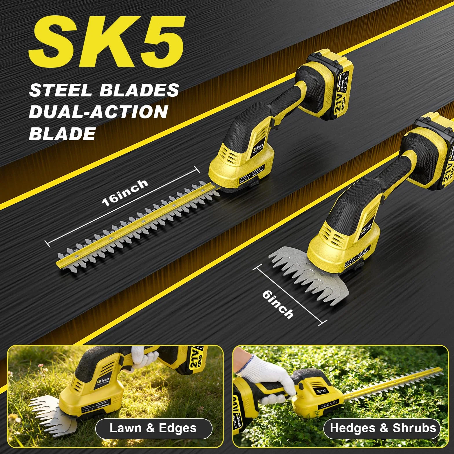 4 en 1 Cortasetos a batería Podador Altura para Makita 18V, con 2×4.0Ah baterías, extensión 4,55 m, Cuchillas 406 mm & 152 mm, Cabeza Corte giratoria 180°, como cortaarbustos y cortacésped (Amarillo)