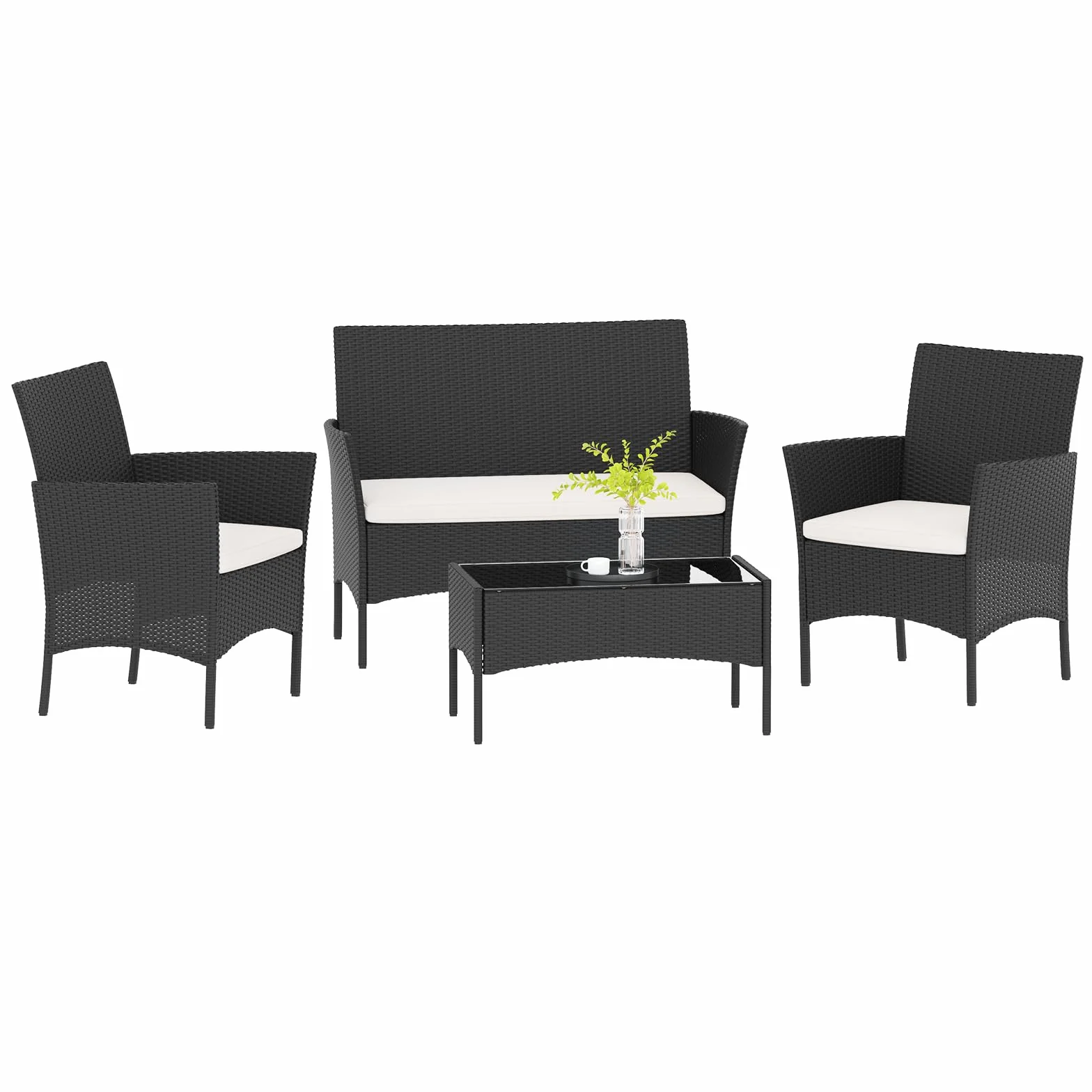 bigzzia Juego de muebles de jardín, salón de ratán, 4 asientos con mesa, 2 sillones y sofá de 2 plazas, negro