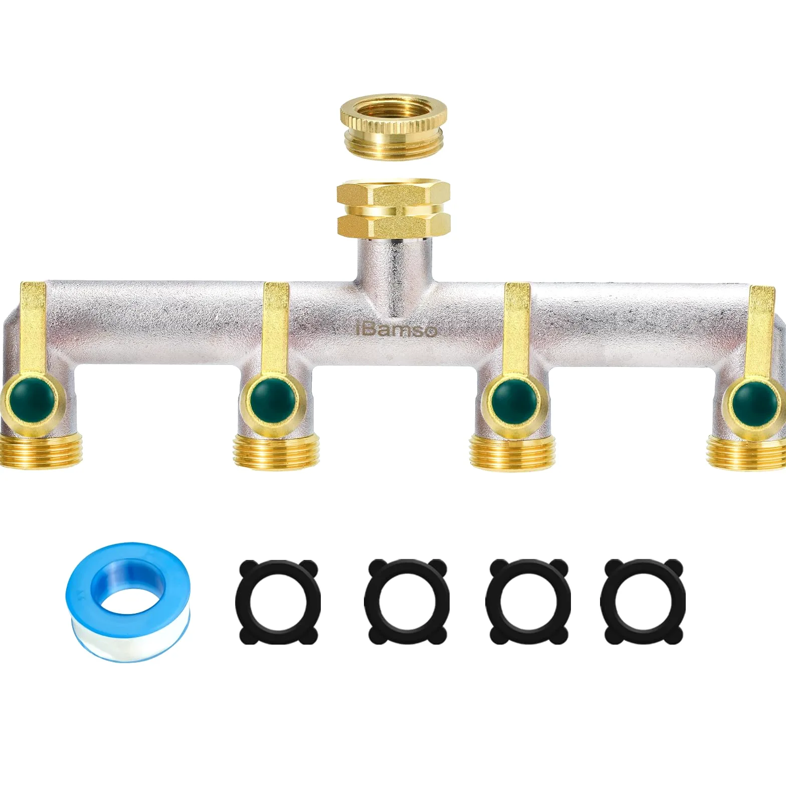 Divisor de manguera de jardín, divisor de grifo de 4 vías, adaptador de manguera divisor de grifo de latón resistente de 3/4 pulgadas, conector de grifo de mango de metal extendido con válvulas