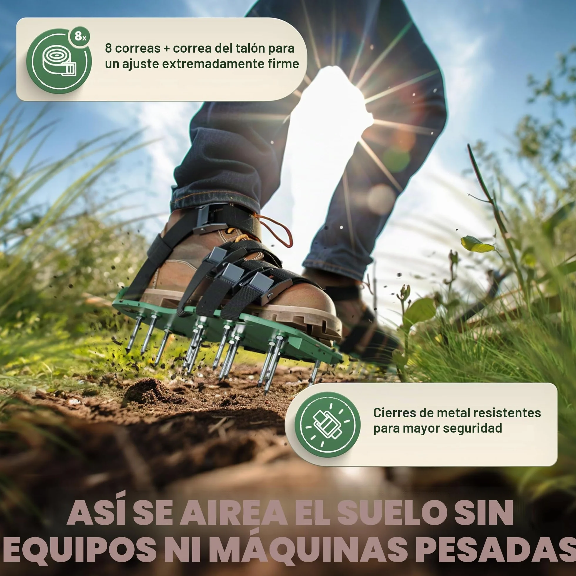 LAINFELD Aireador de césped, zapatos con clavos cortos y largos, aireador de césped con 4 correas, escarificador para césped, zapatos de jardín aerificados.