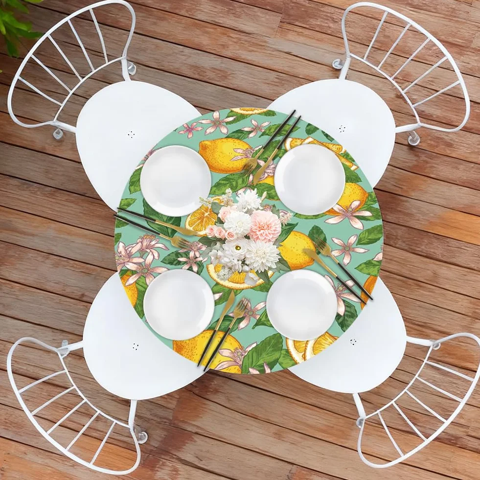 Yuragim Mantel redondo para exteriores con goma elástica, 90 cm, redondo, lavable, para exteriores, resistente a la intemperie, mantel elástico para jardín con estampado de limón, apto para mesas de