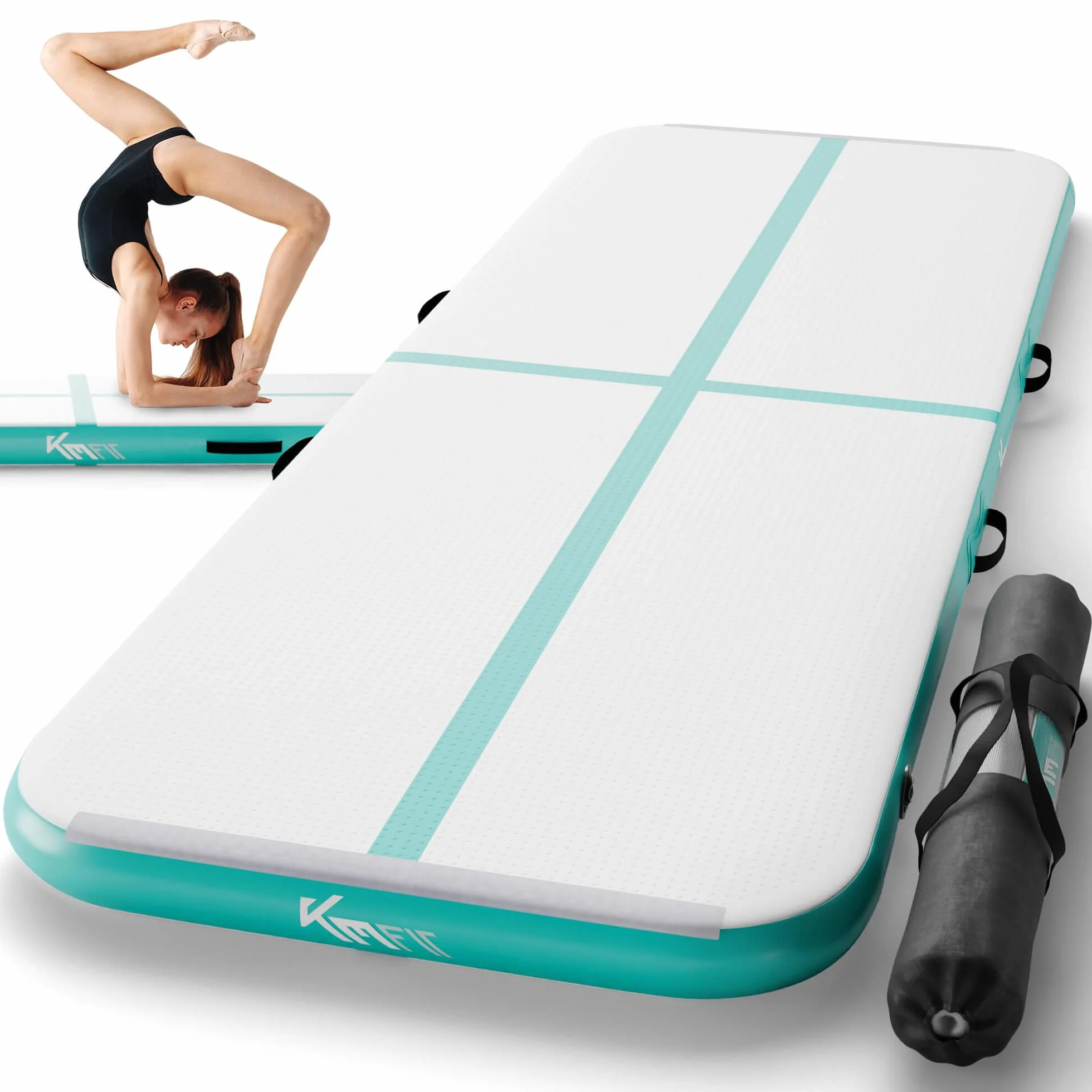KM Fit Esterilla inflable para fitness, 3 m, con bolsa, bomba eléctrica y parches, resistente UV