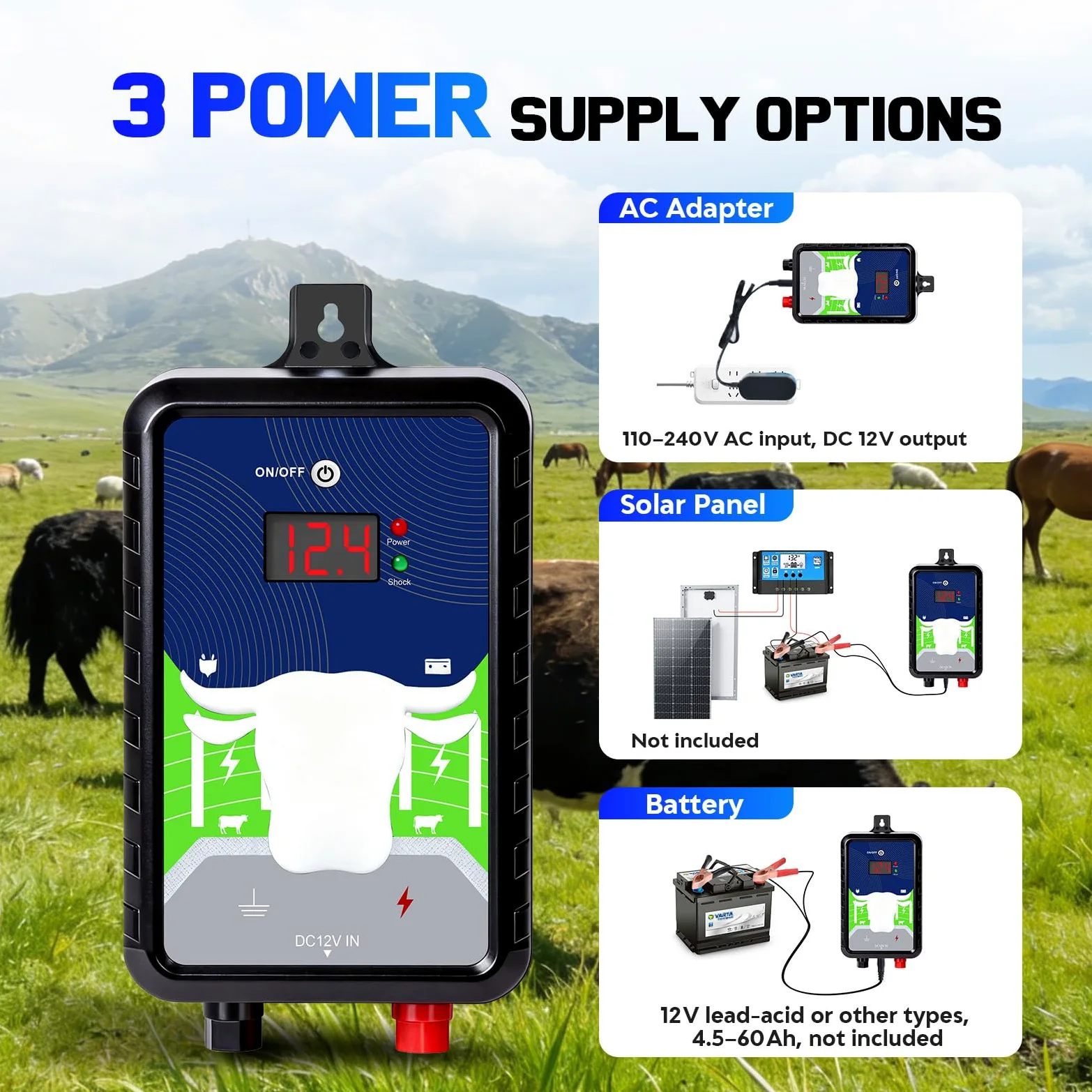 Pastor Eléctrico 12KV 4 Julios Alcance 24KM Controlador Corriente Batería Solar para Vacas Caballos