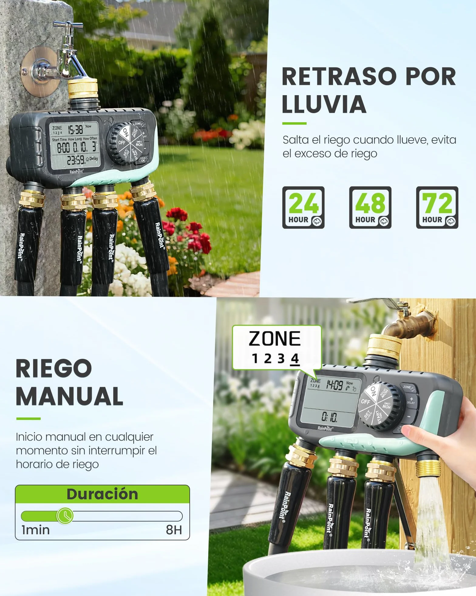 RAINPOINT Programador Riego 4 Salidas, Entrada y Salida de Latón, Impermeable IP65, Temporizador de Riego Automático con Retardo de Lluvia/Riego Manual, para Invernadero, Césped y Jardín