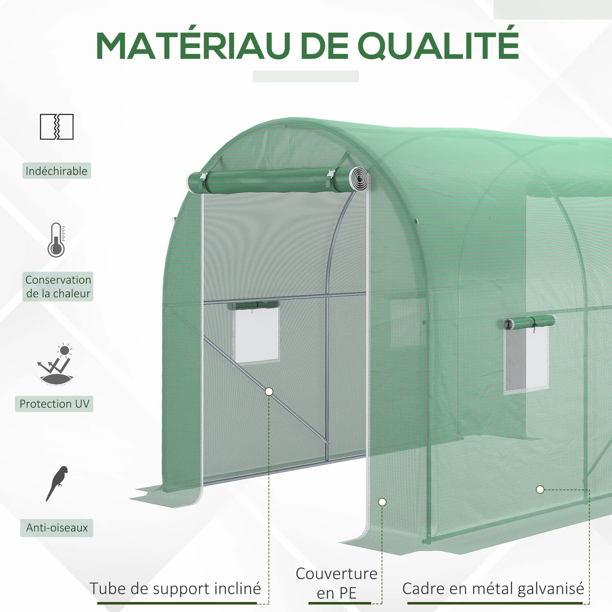 Outsunny – Invernadero de jardín (túnel chasis Tubular reforzados con puertas con cremallera ventanas enroulables verde | Marco tubular reforzado, 4 ventanas enrollables, marco de metal