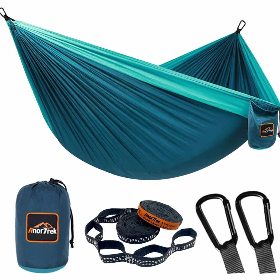 AnorTrek Hamaca de Camping, Súper Ligera y Portátil, de Paracaídas con Dos Correas para Árboles, Hamacas de Viaje de Nylon Individuales o Dobles para Acampar, Mochilero y Senderismo