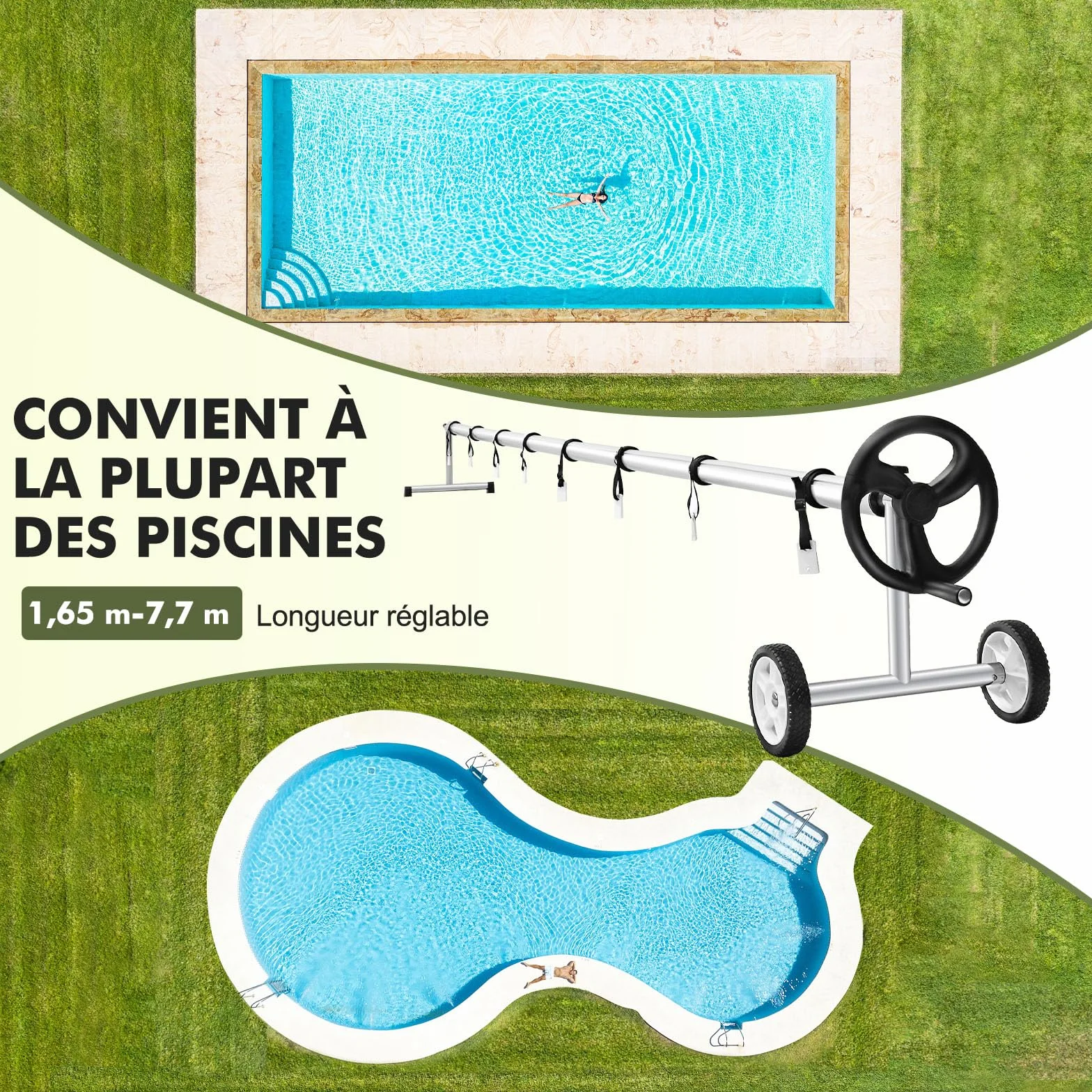 GOPLUS Enrollador Piscina para Liner de Piscina 1,65-7,7 m, Enrollador Lona Piscina de Aluminio y Soporte de Acero Inoxidable