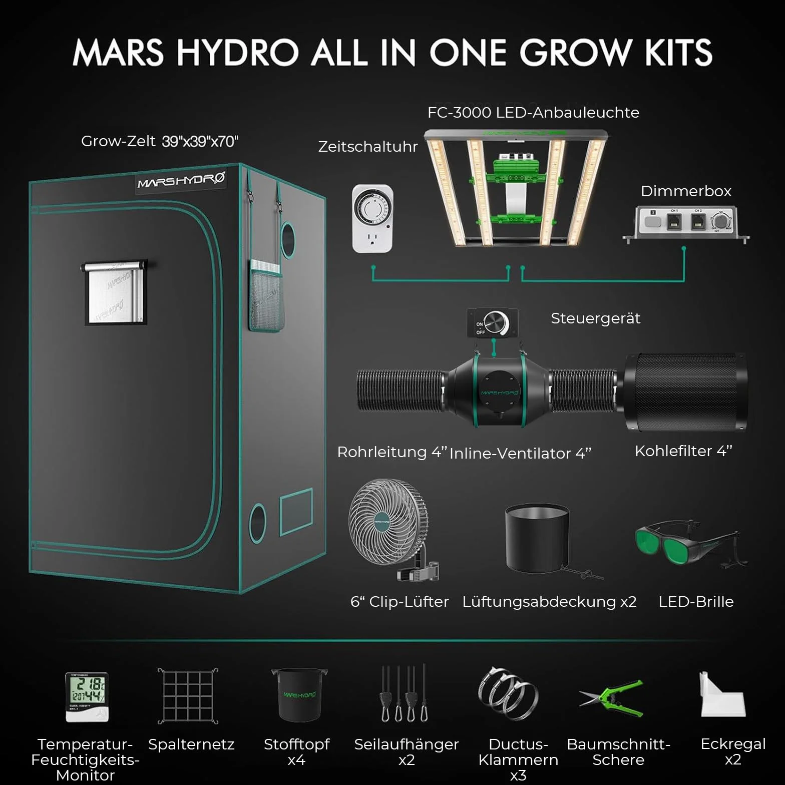 MARS HYDRO - Tienda de cultivo (kit completo con control de aplicaciones, FC3000, Samsung LM301H, lámpara de cultivo LED regulable 100 x 100 x 180 cm, 1680D, altamente reflectante, Mylar Grow Box)