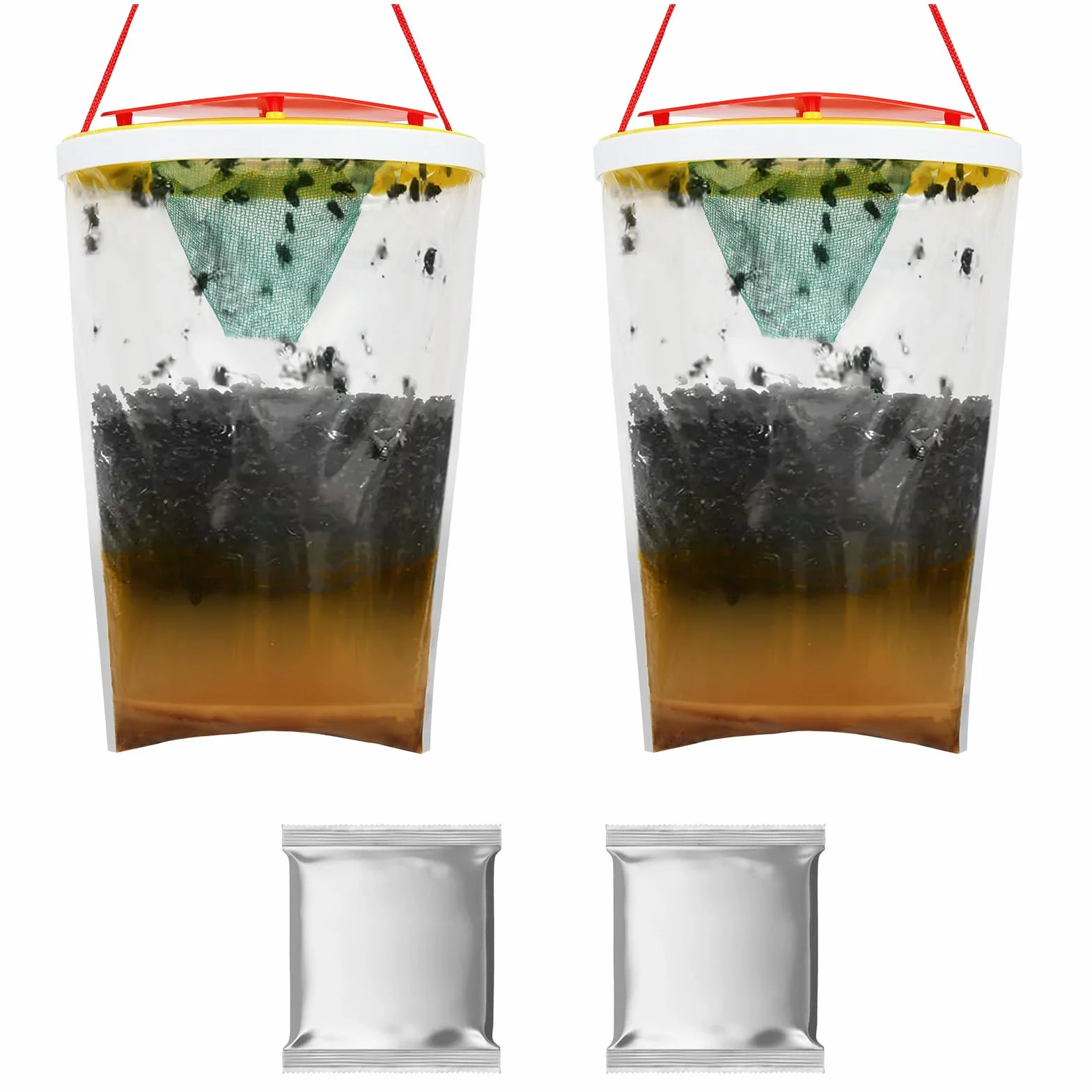 AOOWU Trampas para Atrapar Antimoscas Exterior, 2 PCS Trampas para Moscas con Alimentos, Trampa Cazainsectos Ecologica, Trampa para Moscas Desechable al Aire ​Libre para Jardin, Granjas y Aire ​Libre