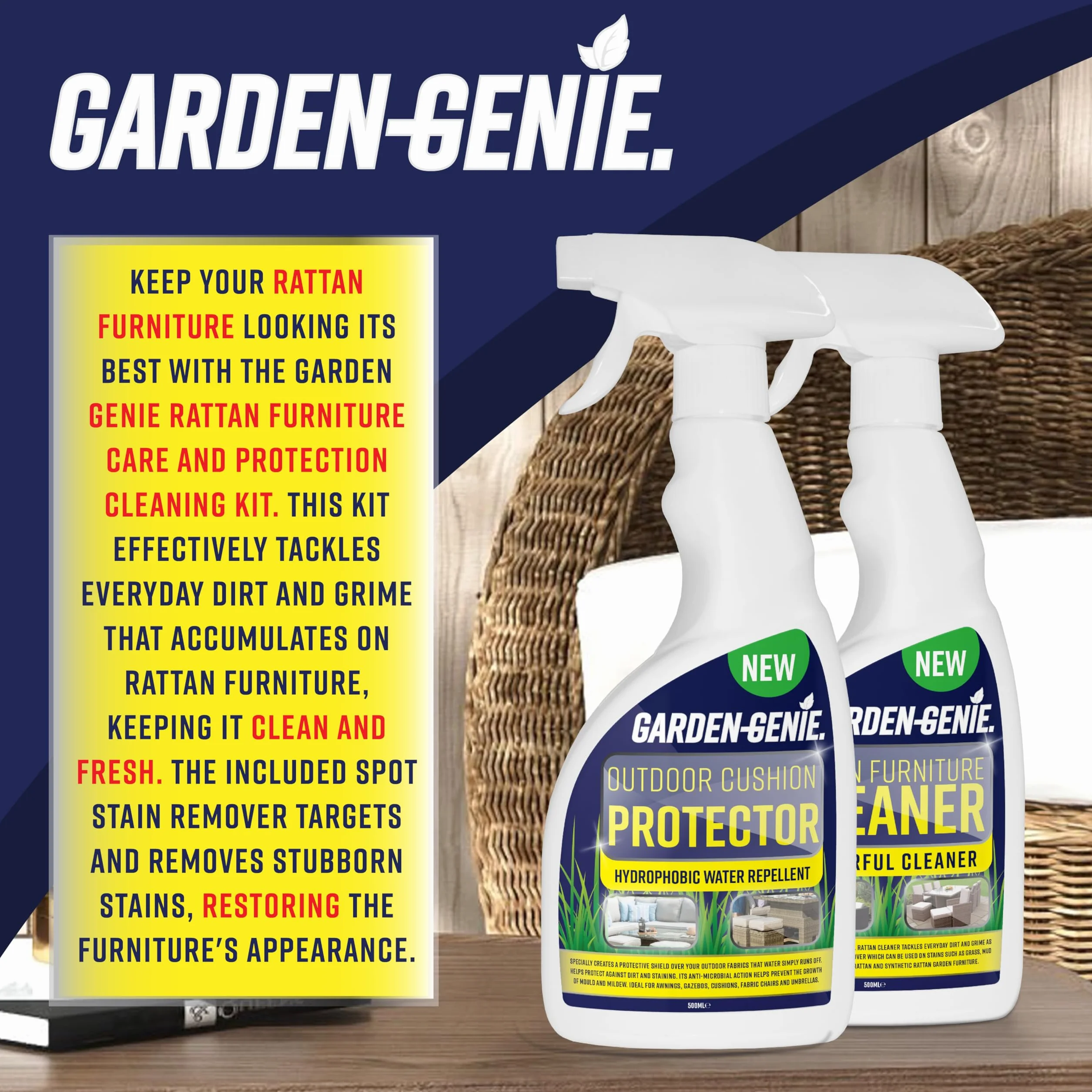 Garden Genie - Kit de Limpieza de Muebles de ratán para Cuidado y protección | Incluye Limpiador y Protector - Elimina la Suciedad persistente | para Uso en Interiores y Exteriores (2 Unidades de 500