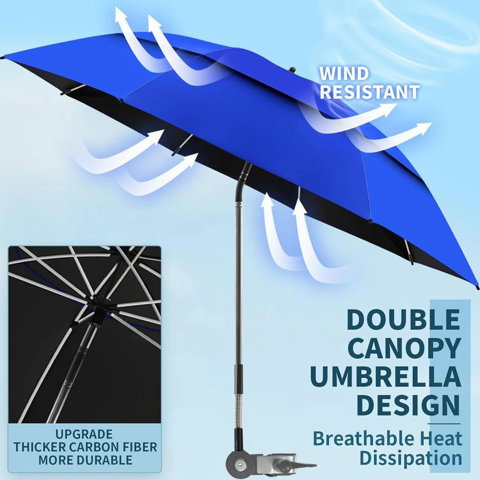 Sombrilla con clip para silla de jardín ajustable de 180° UPF 50+ doble toldo | Silla de playa para exteriores, playa, tomar el sol, viajes, vacaciones, camping, picnic, patio, silla de ruedas