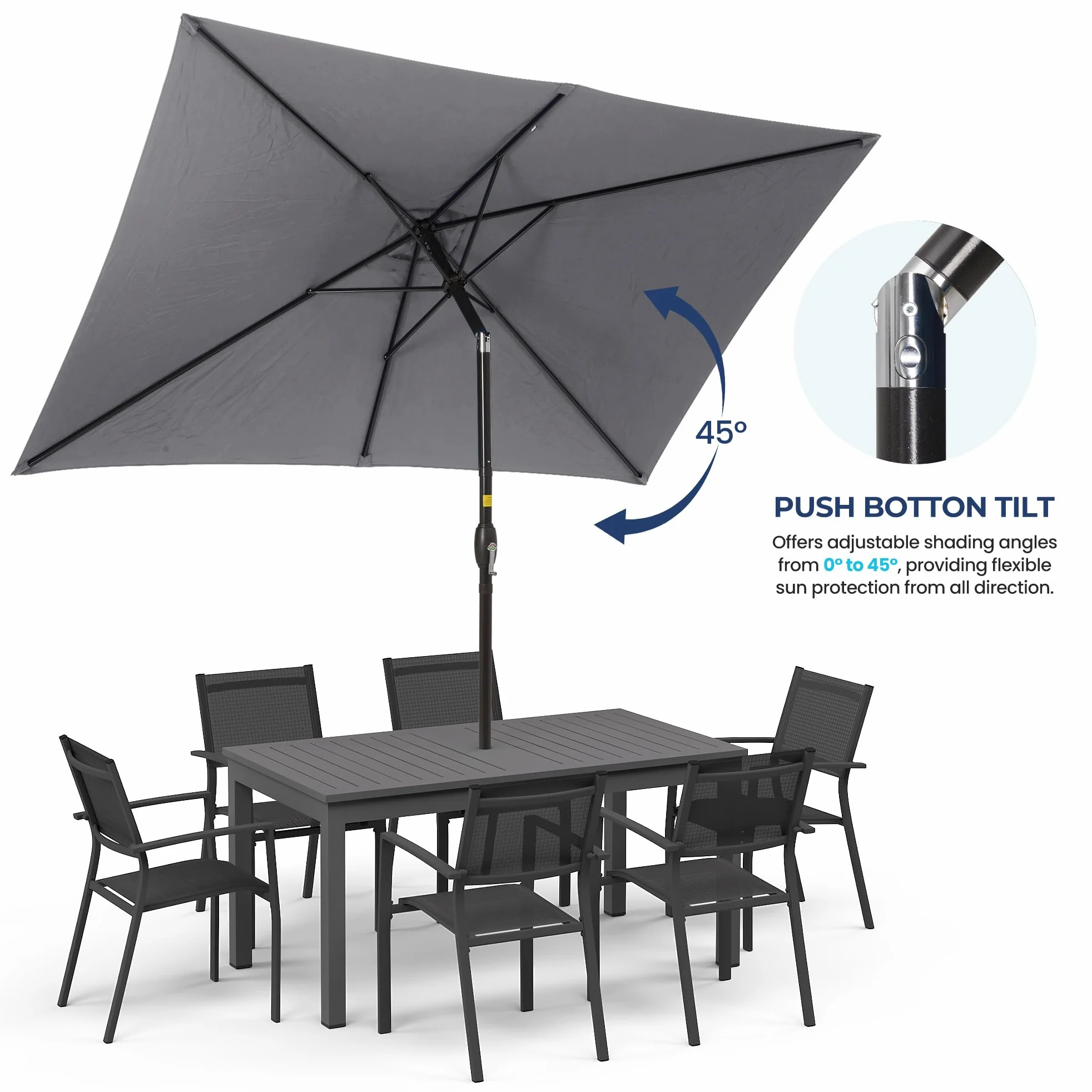 SUNVIVI OUTDOOR Sombrilla rectangular de 6.5 x 10 pies, poste de aluminio, sombrilla de mercado para mesa al aire libre con manivela, 6 varillas de acero, toldo de poliéster, color gris