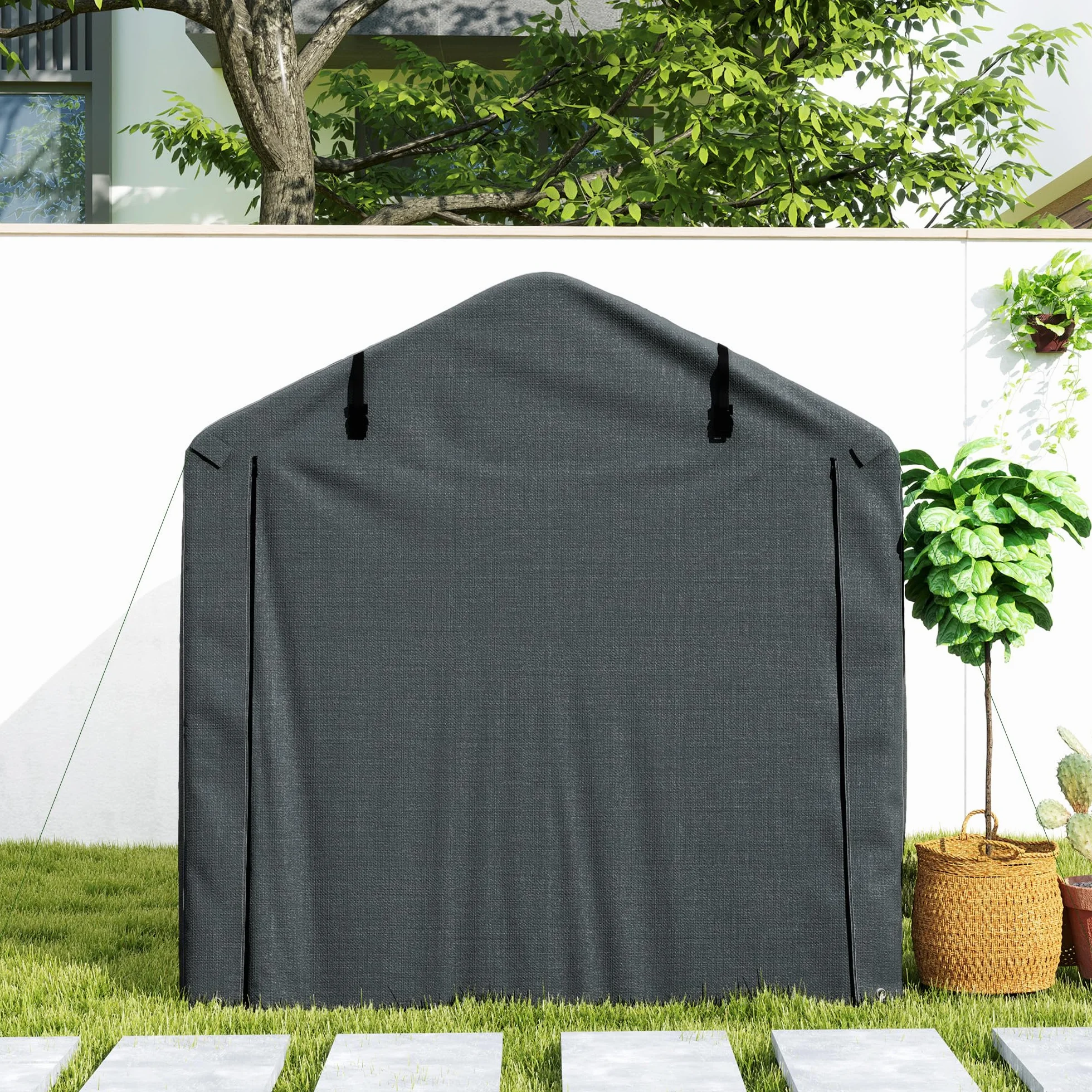 Outsunny Carpa de Jardín Exterior para Herramientas Bicicletas 2,2x1,57x1,65 m, Cobertizo Exterior con Puerta Desmontable con Cremallera, Impermeable, Anti-UV, Garaje Portátil, Gris Oscuro