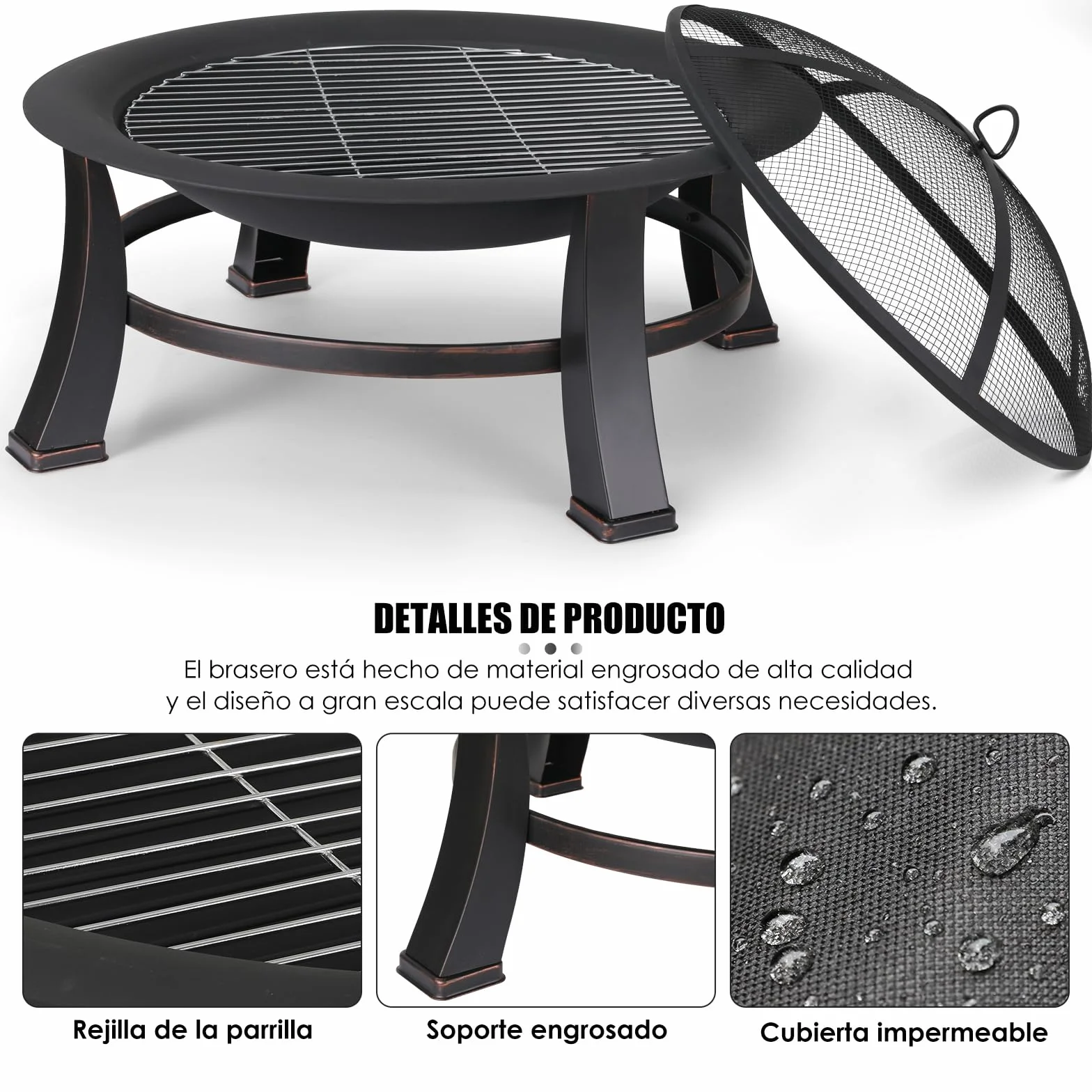 TLGREEN Brasero Exterieur Jardin, Ø 76 cm Pozo de Fuego con Protector de Chispas y Atizador, Brasero Barbacoa con Rejilla para Jardín y Terraza, Parrilla Brasero al Aire Libre de Aspecto Retro