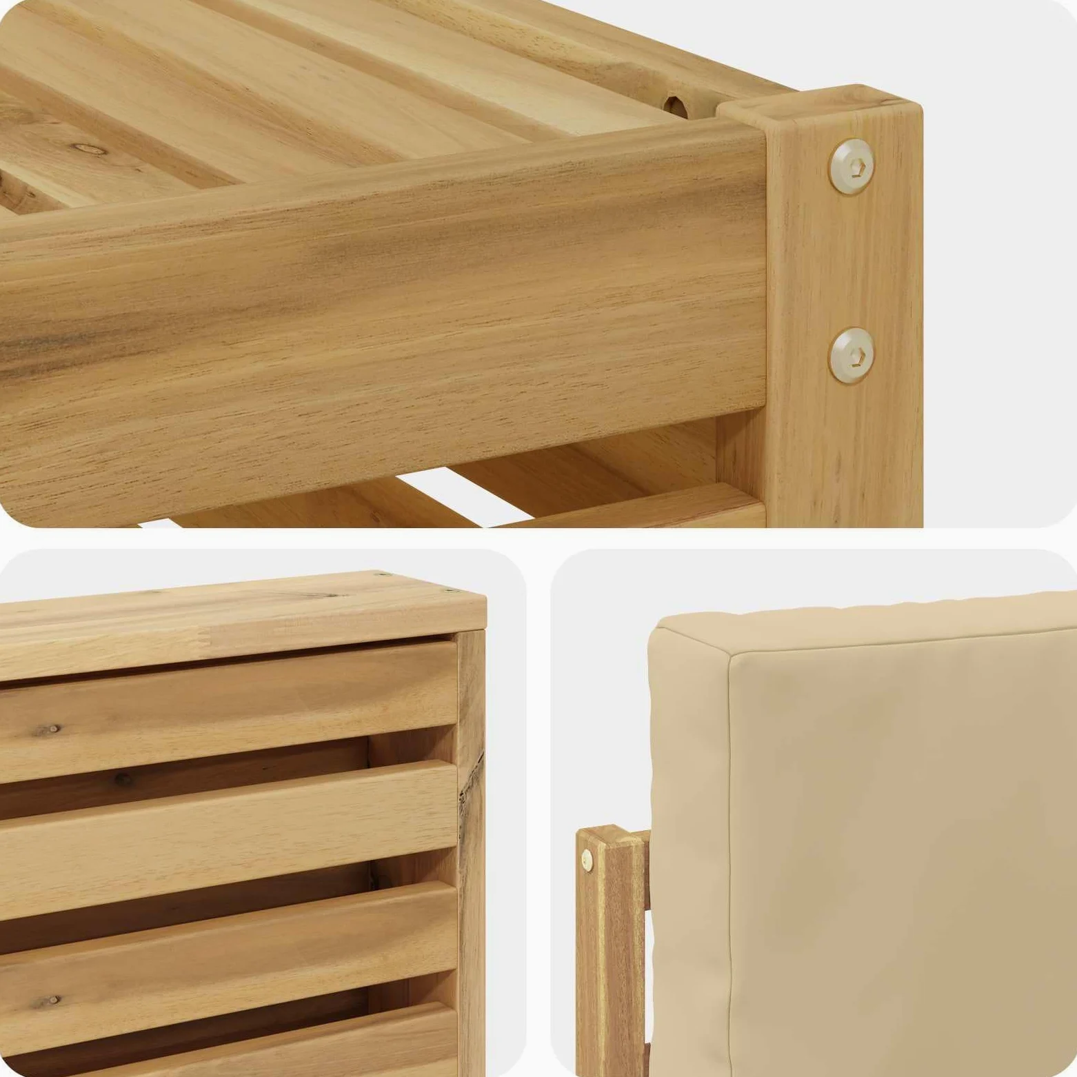 Juego de 6 sofás de exterior de madera maciza de acacia para terraza y jardín, diseño modular resistente a la intemperie, con 6 asientos, incluye cojines y respaldos acolchados