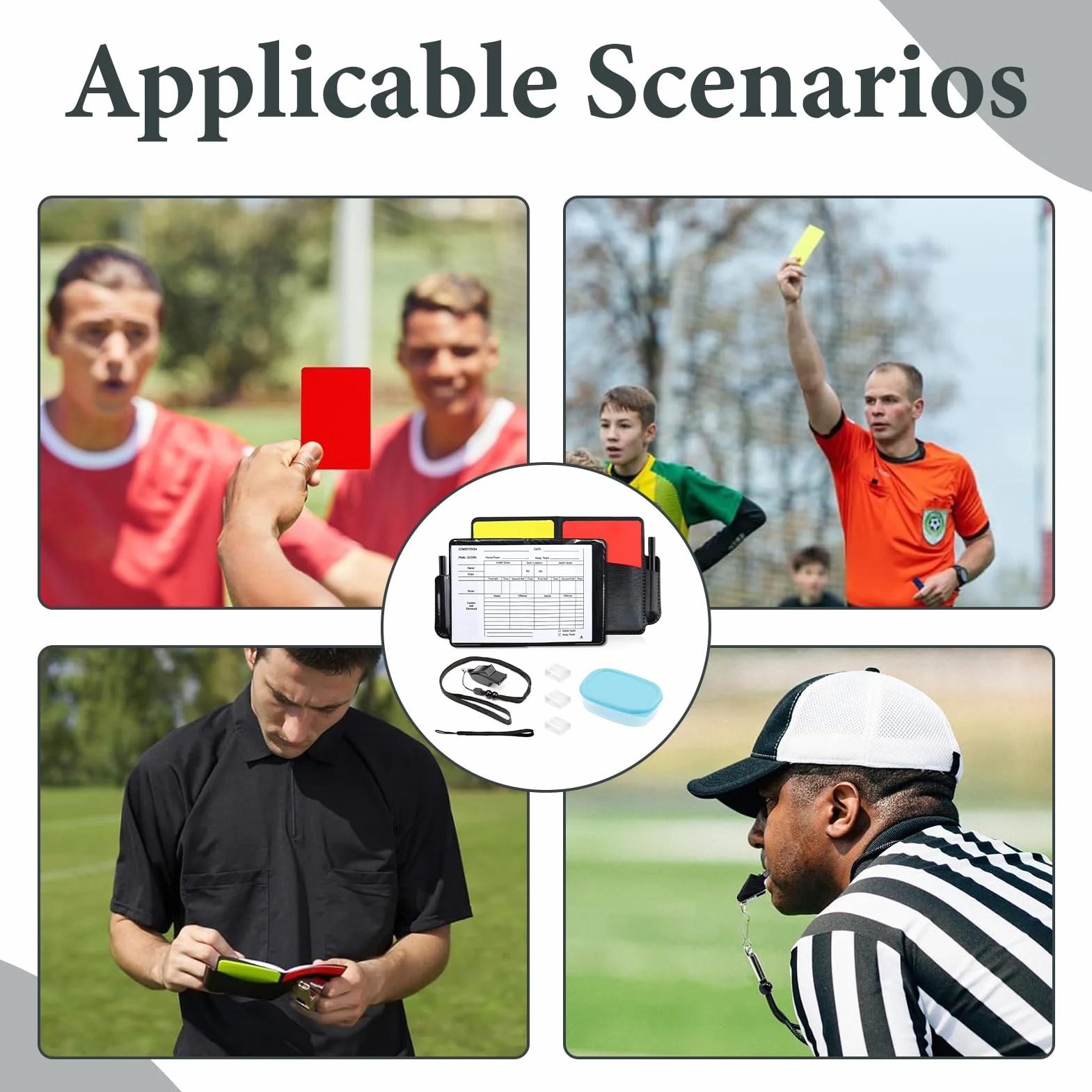 Kit de Tarjetas de Árbitro Fútbol con Tarjeta Roja y Amarilla, Silbato, Lápiz y Tarjetero