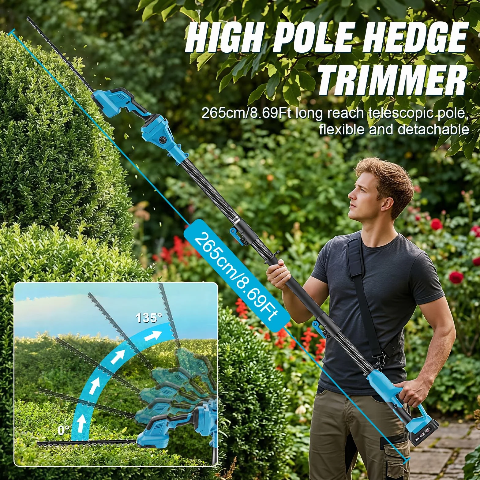 Cortasetos Telescópico Batería 2 en 1, Podadora Electrica Herramientas de Jardín con 2*4000 mAh Baterías Motor 550 W, Cortasetos 2,65M con Bandolera, Gafas, Guantes para Podar Arboles Patio de Jardín