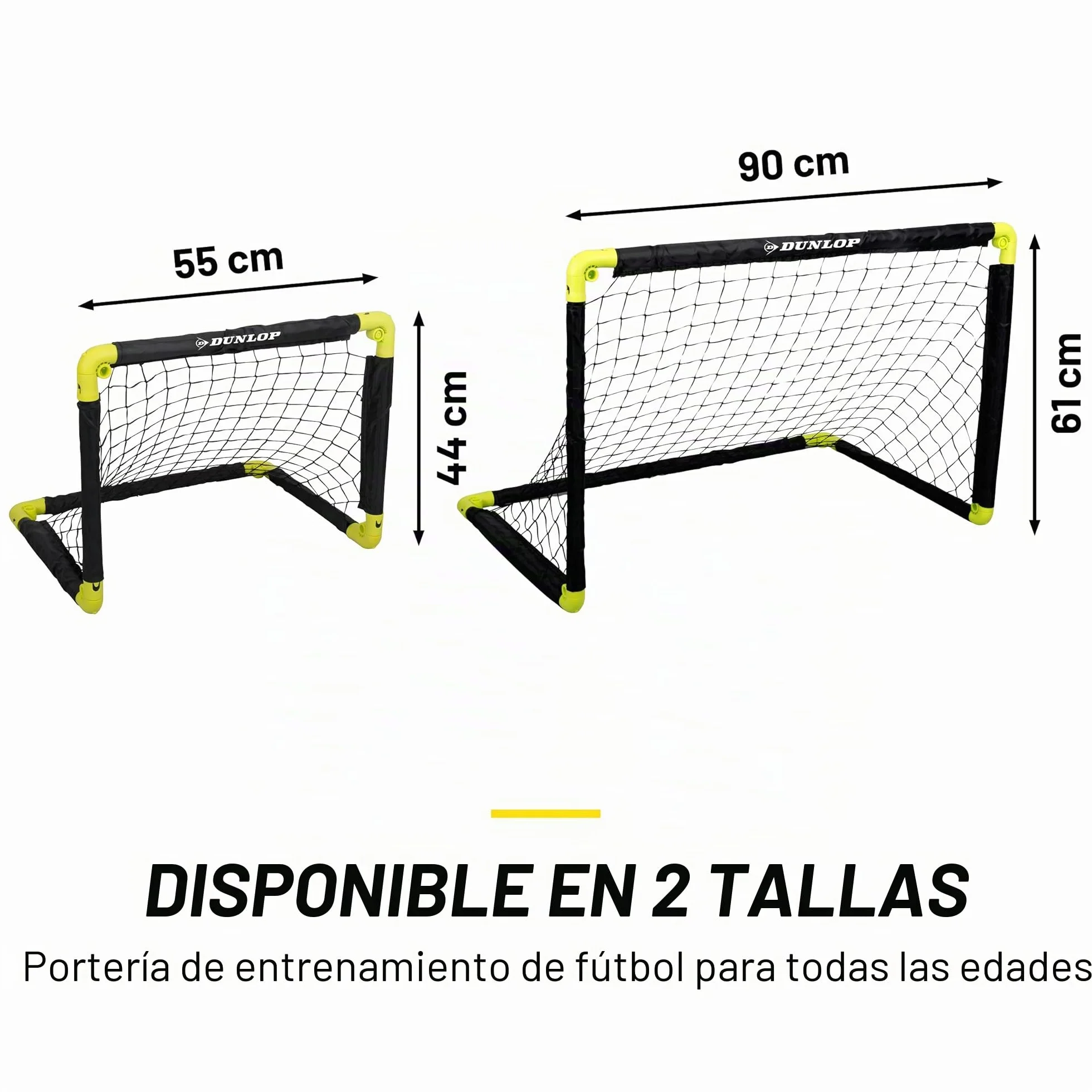 Dunlop Portería de fútbol plegable 50x44x44 cm Juego de 2 Kit de entrenamiento interior exterior Negro/Amarillo