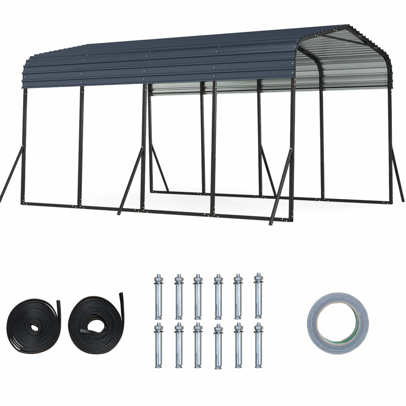 GOPLUS Cobertizo de Coche de Metal, 440 x 300 x 250 cm, Refugio de Vehículo con Techo Duro, 4 Patas Inclinadas y Anclajes de Fijación para Exteriores, Carpa Al Aire lIbre para Camiones, Tractores, Suv