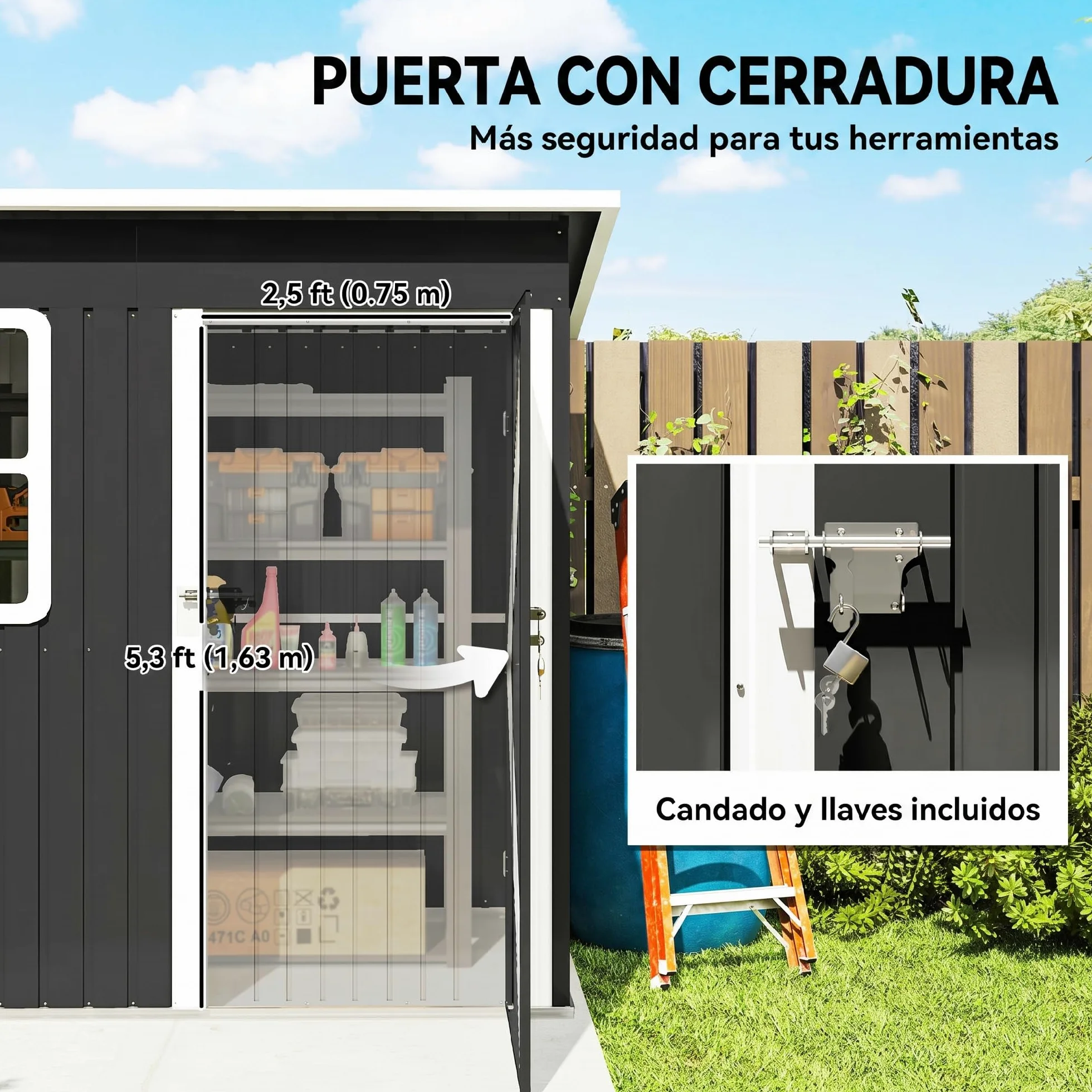Outsunny Caseta de Jardín Exterior 2,55 m² 221x133x190 cm Gris Oscuro | Cobertizo de Jardín Metálico, Ventana, Puerta con Cerradura y Ventilaciones, para Almacenamiento de Herramientas