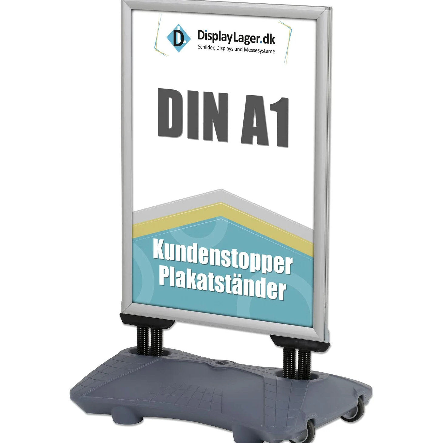 DisplayLager Customer - Tope de doble suspensión para carteles (modelo Wind-Pro para DIN A1, 594 x 841 mm, resistente a la intemperie, peso para altas velocidades del viento y ruedas (A1, gris)