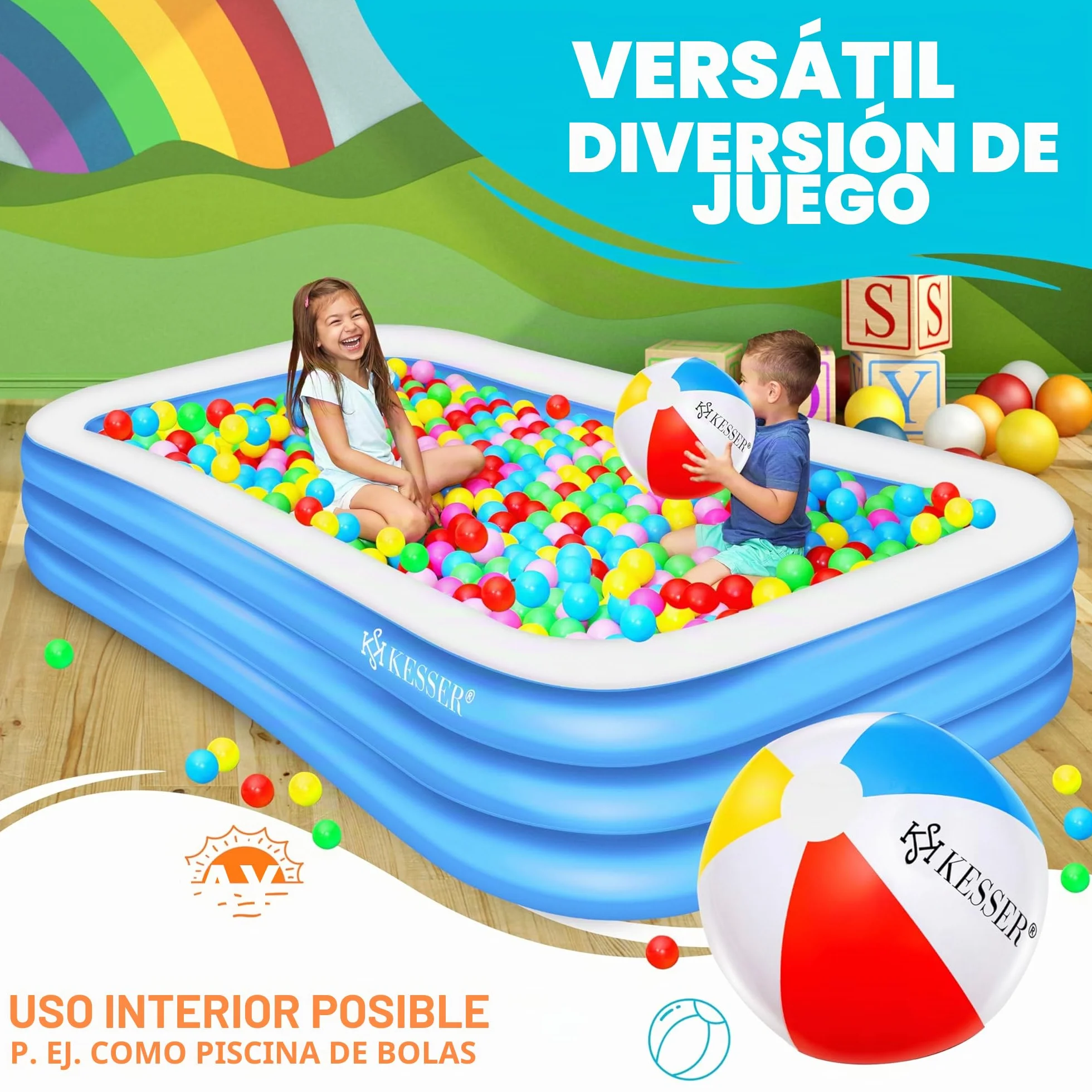 KESSER® Piscina Familiar Inflable para Niños y Adultos, de Jardín y Verano, 240 x 142 x 56 cm, 613 Litros, con Agujeros de Drenaje