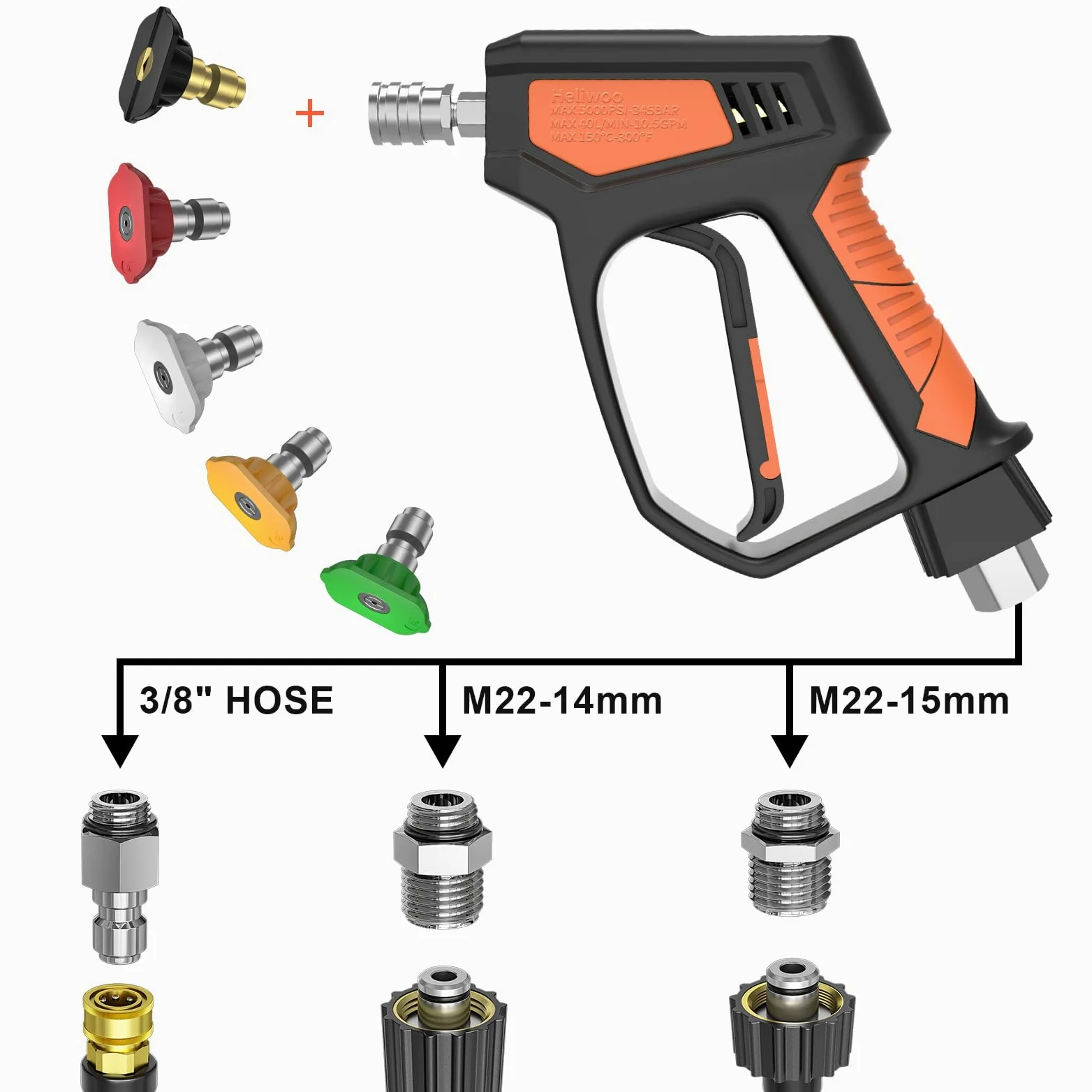 Pistola de lavado a presión, 5000 PSI/10.5 GPM con enchufe giratorio de 3/8 pulgadas y accesorios M22-14mm/15mm, 5 puntas de boquilla, adecuada para la mayoría de lavadoras a presión