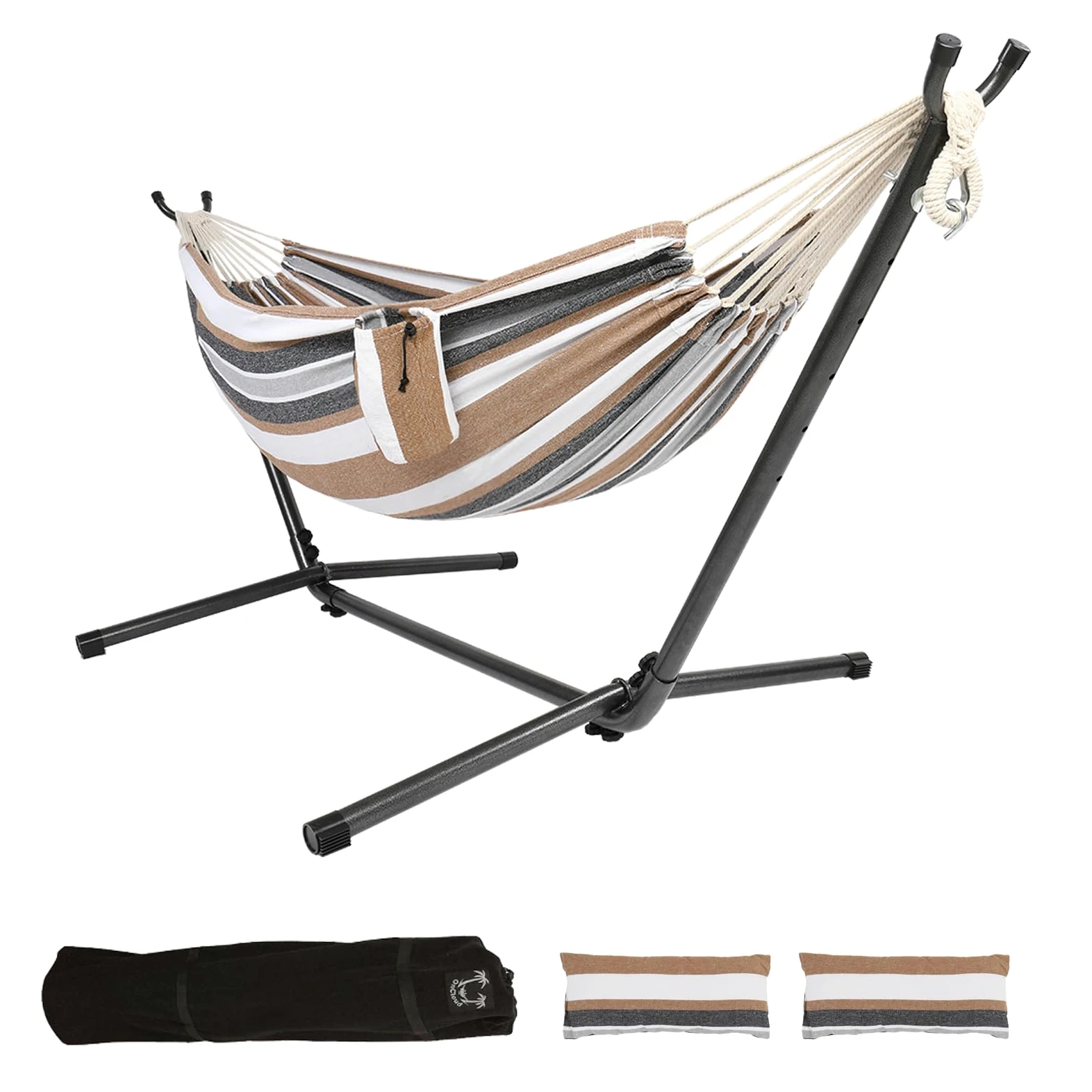 Bonnlo Hamaca con Soporte para Exterior,Hamacas Colgantes, Capacidad de Carga hasta 204 kg, Incluye Bolsa de Transporte, Hamaca Jardin, Hamacas Colgantes,Altura Ajustable (Café)