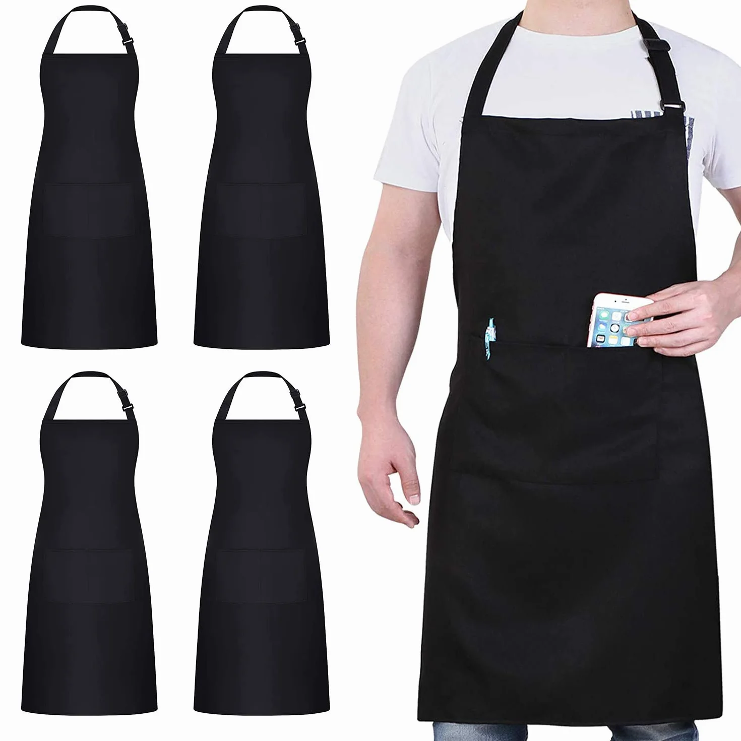 atopo 4 Piezas Chef Delantal, Negro Delantal Impermeable con 2 Bolsillos, Delantal de Cocina Ajustables para Barbacoa Cocinar Hornear Jardinería Restaurante