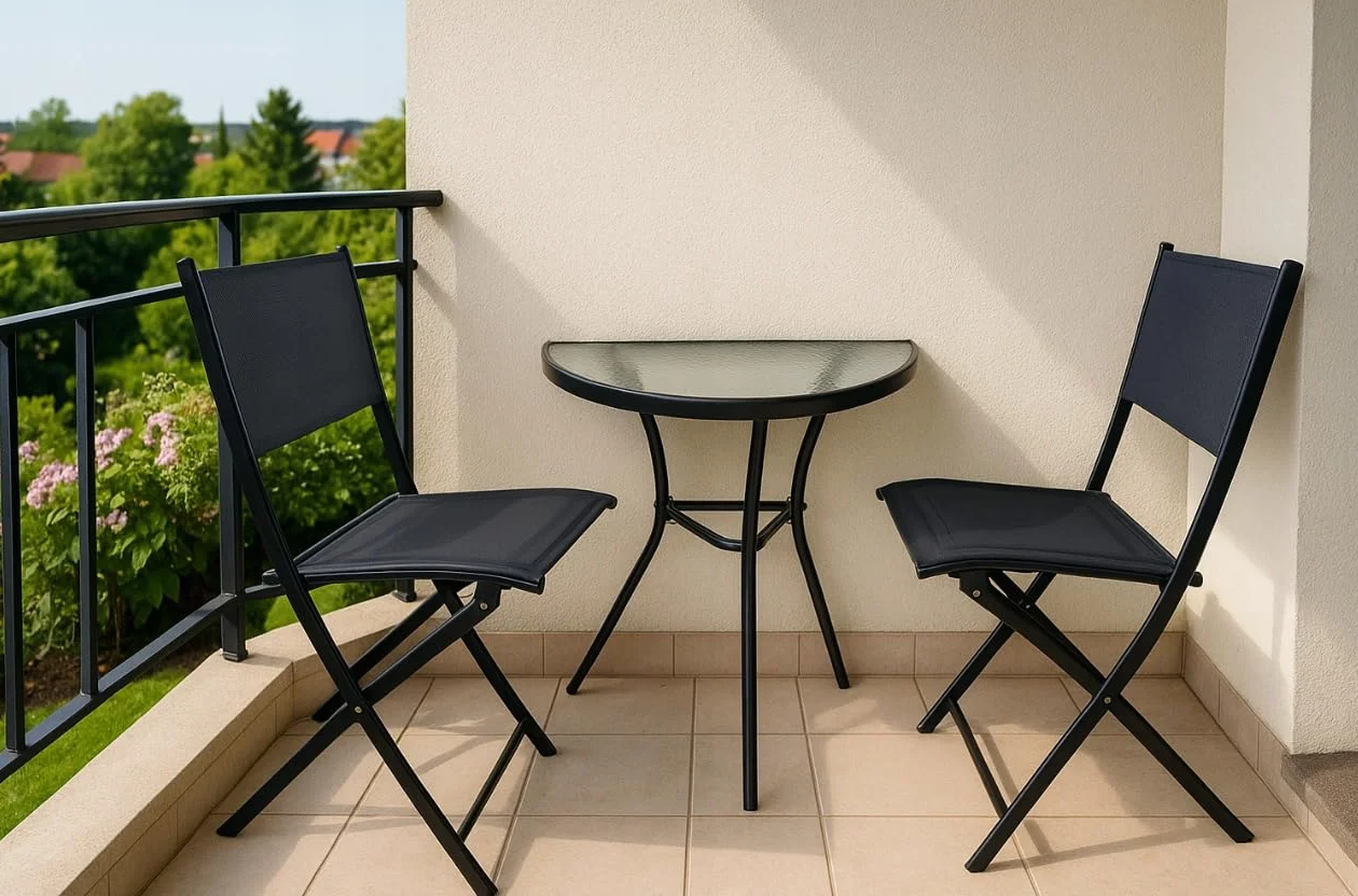 BDW Juego de muebles de balcón, mesa de cristal de 70 x 40 cm con 2 sillas plegables, perfecto para espacios pequeños, terraza, balcón, parcela, color negro