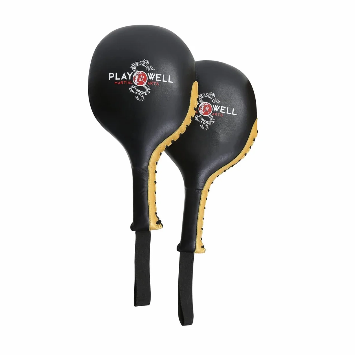 Playwell Champion Pro Paletas de boxeo de cuero genuino Negro/Oro Par