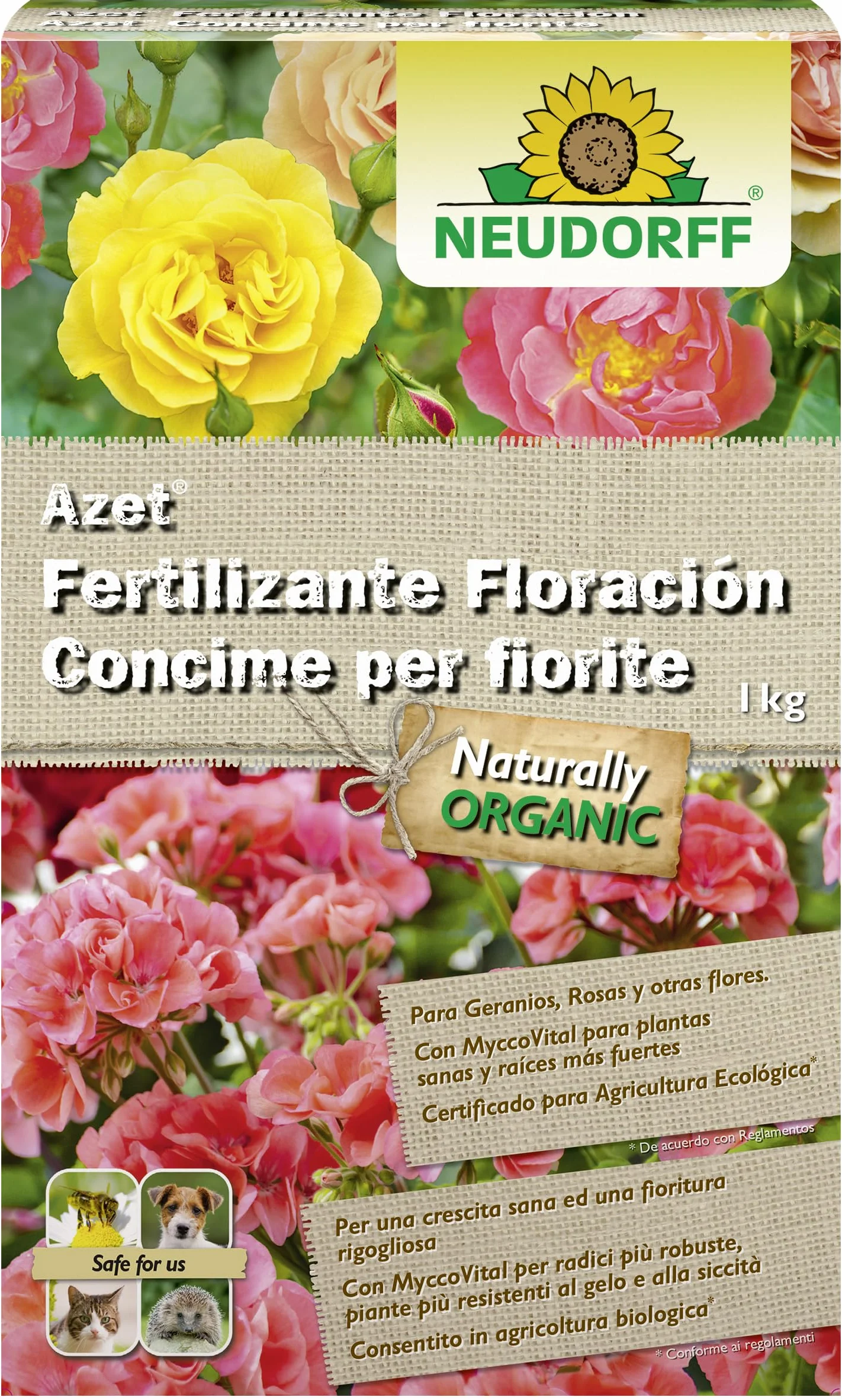 Neudorff Azet Fertilizante Floración – Fertilizante orgánico que estimula una floración abundante en geranios, rosas y otras flores, 1 kg