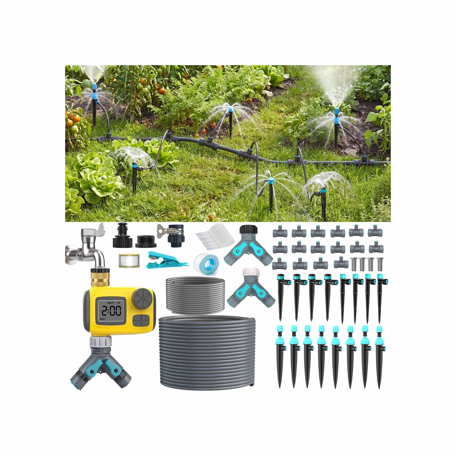 Sistema de Riego Automático Temporizadores de Mangueras,Kit de Riego con Pantalla LCD Adecuado,3 programas de riego independientes y 3 tipos de emisores por goteo,para Jardín/Invernadero/Césped