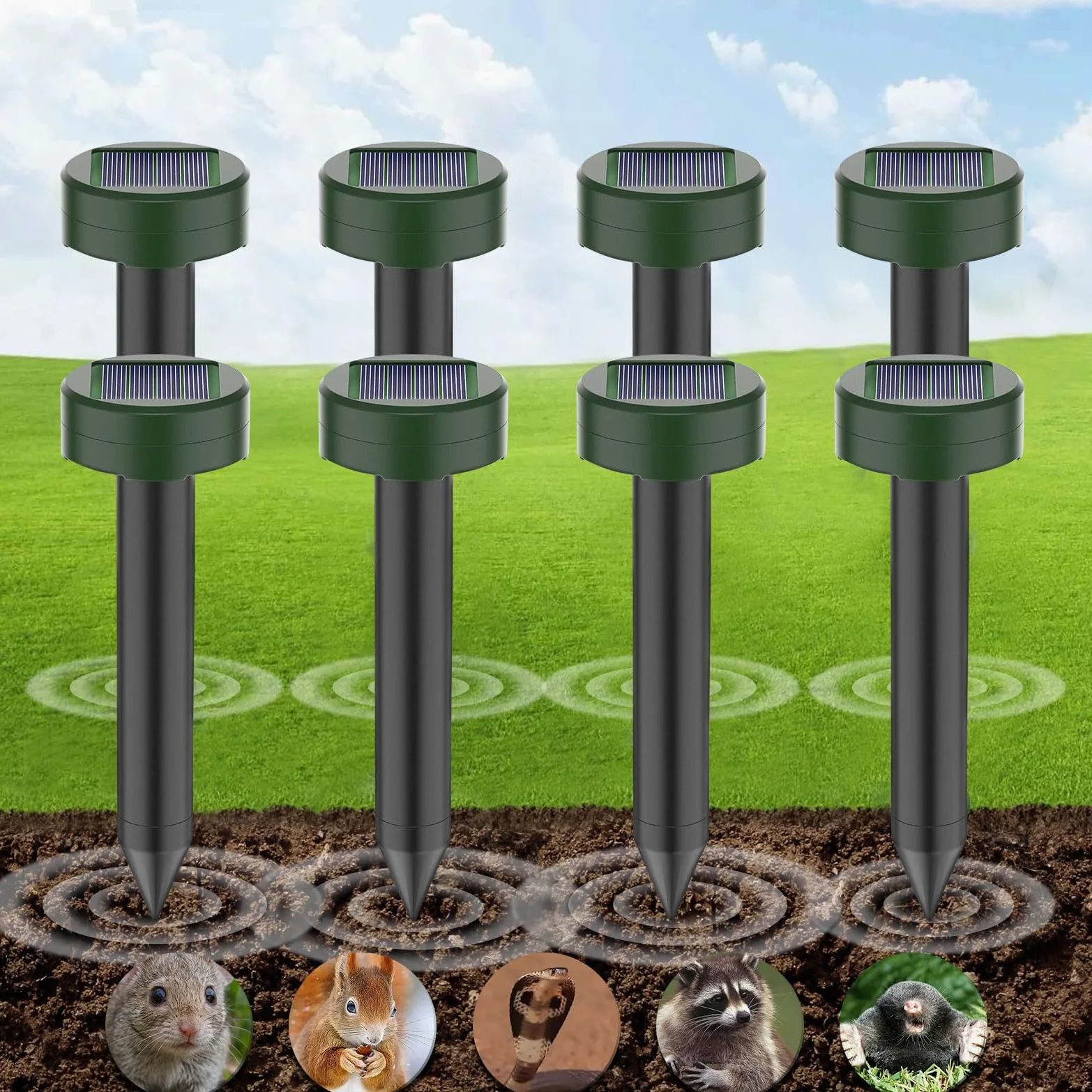 Ahuyentador de Ratas 8 Piezas, Repelente Ratas Ultrasonido Exterior, Ahuyentador de Topos y Ratones Solar, IP65 Impermeable, Anti Topos,Serpientes, Ratones
