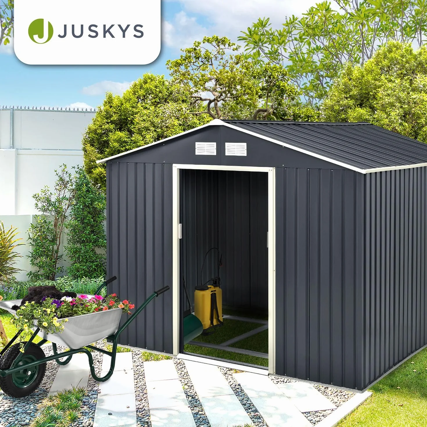 Juskys caseta metálica para Herramientas XXL 15m³ con Techo a Dos Aguas, Puerta corredera y cimentación - 277 x 319 x 192 cm - Antracita - cobertizo metálico para jardín