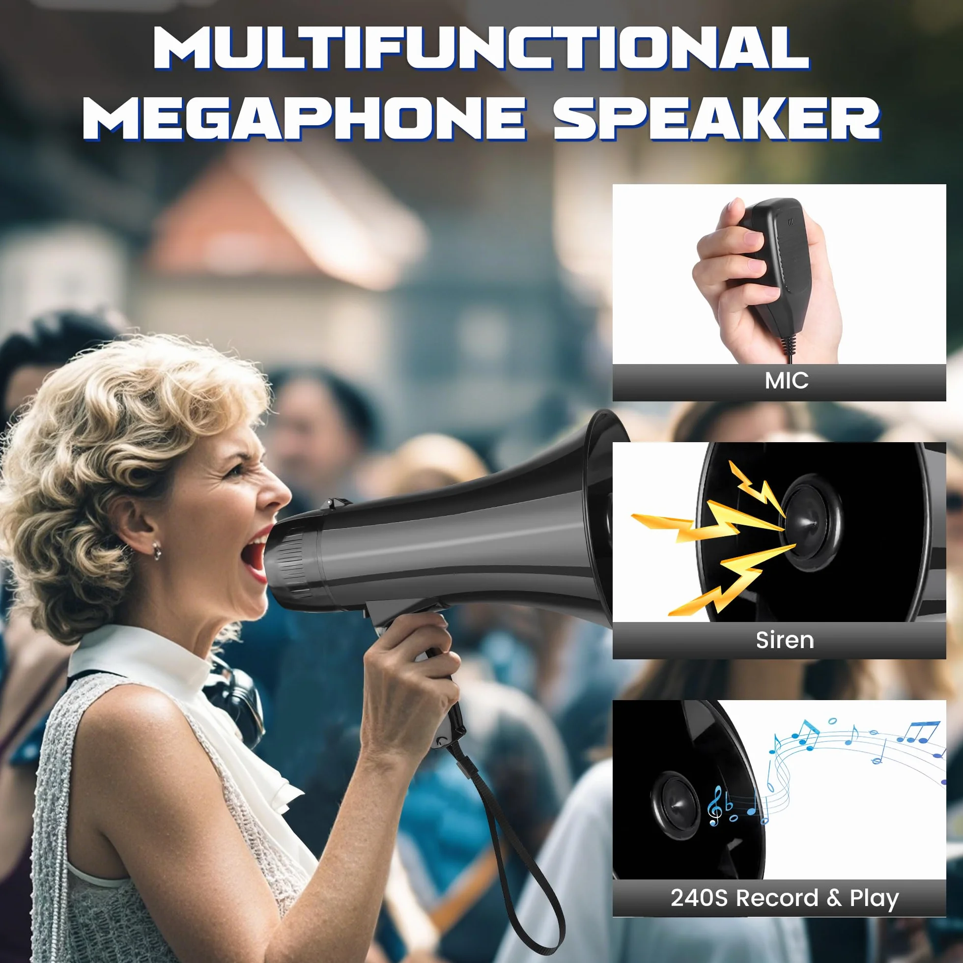 Megáfono Altavoz PA Bullhorn con Micrófono Desmontable, Sirena, USB y Grabación 240S