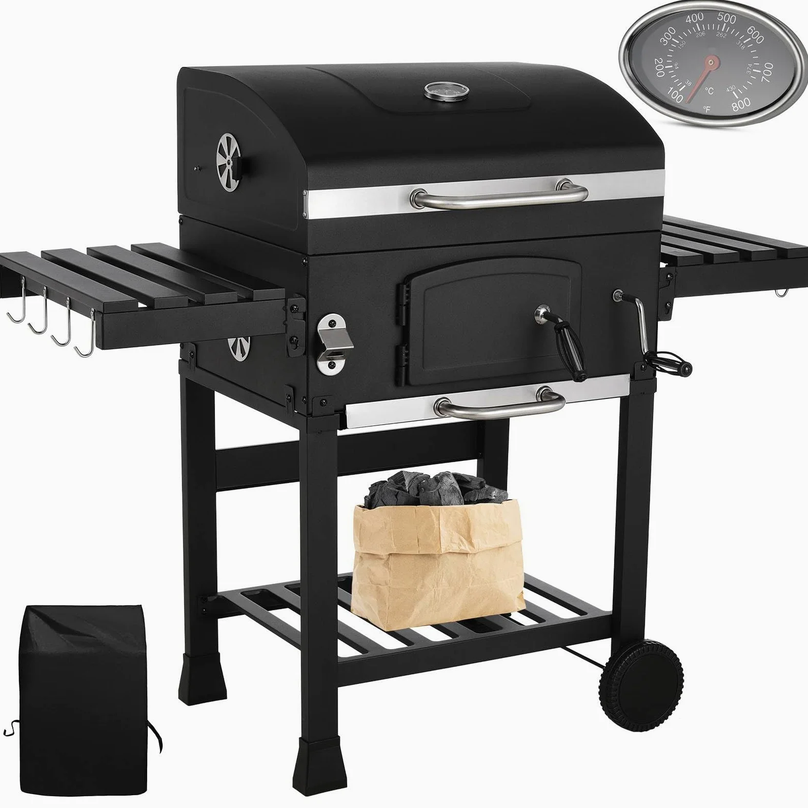 LIFERUN Parrilla de Carbón XXL con Tapa, Carrito Barbacoa con Cubierta Impermeable, Ruedas y Termómetro, Altura ajustable, Grande BBQ Smoker para Camping y Jardín, 122x104x54,5 cm